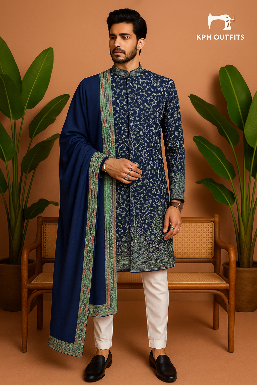 Men's Navy Blue Kalamkari Embroidery Sherwani Set – Premium 3-Piece Designer Outfit – KPH Outfits