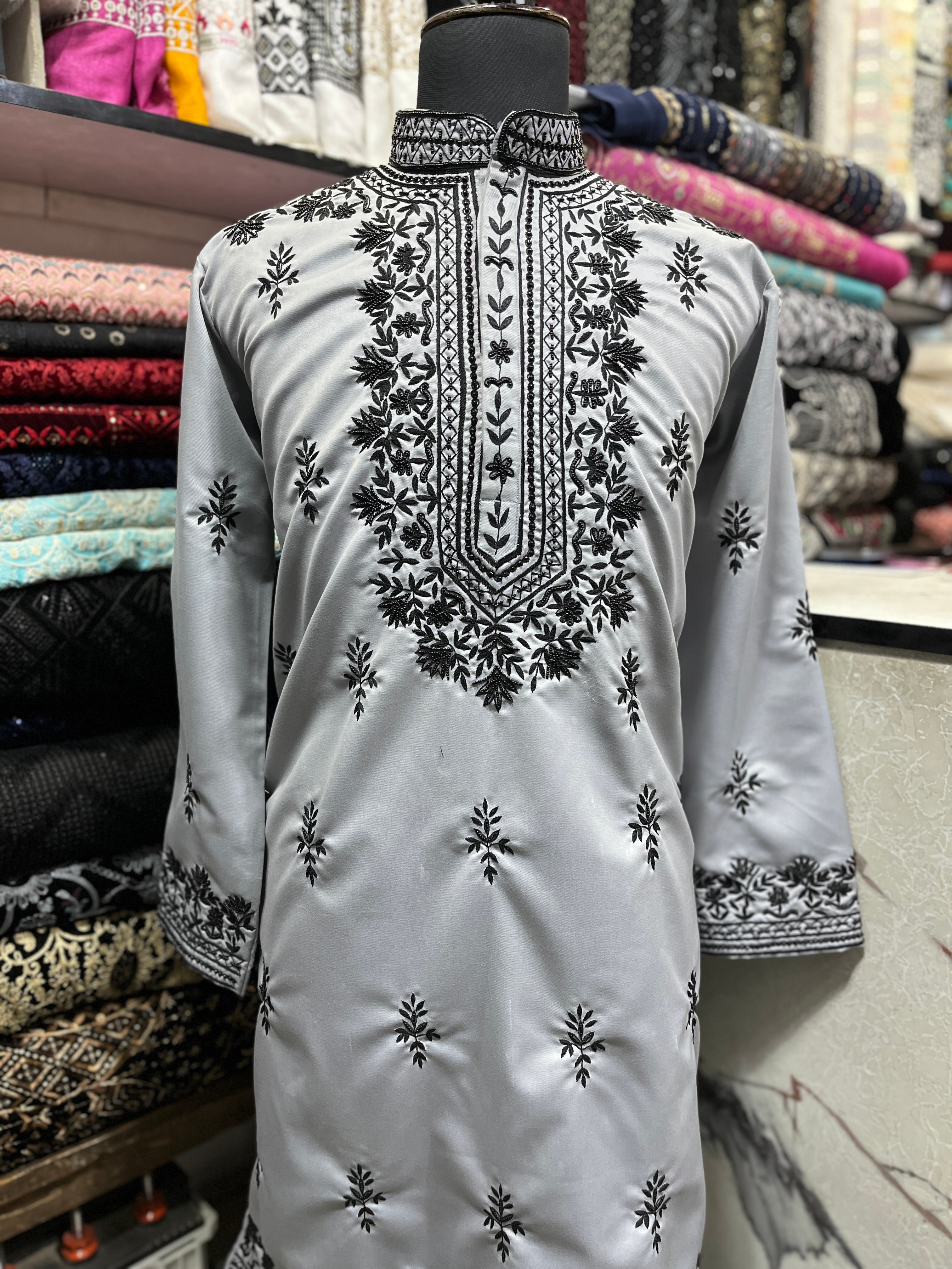 Men's Gray Handcrafted Full Embroidery Kurta Set