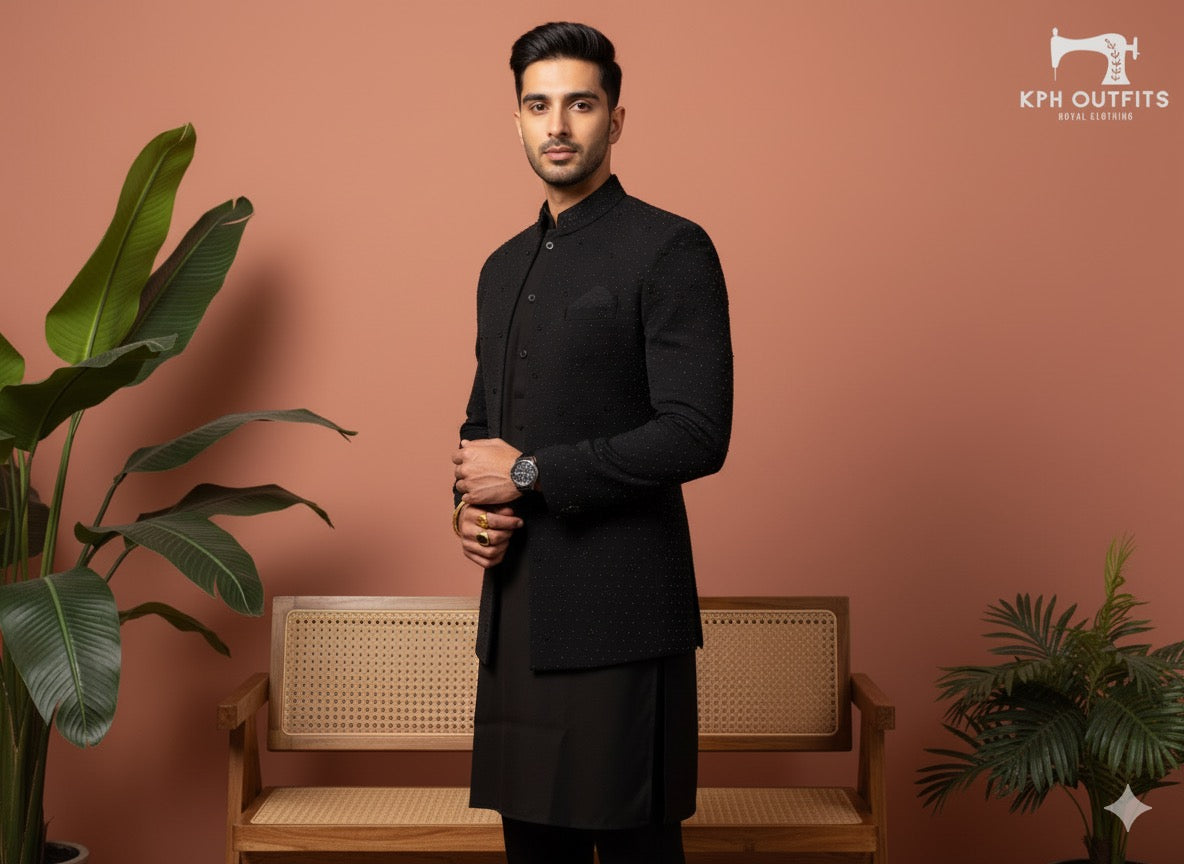 Modern men's ethnic shrug with intricate beading on the sleeves and collar