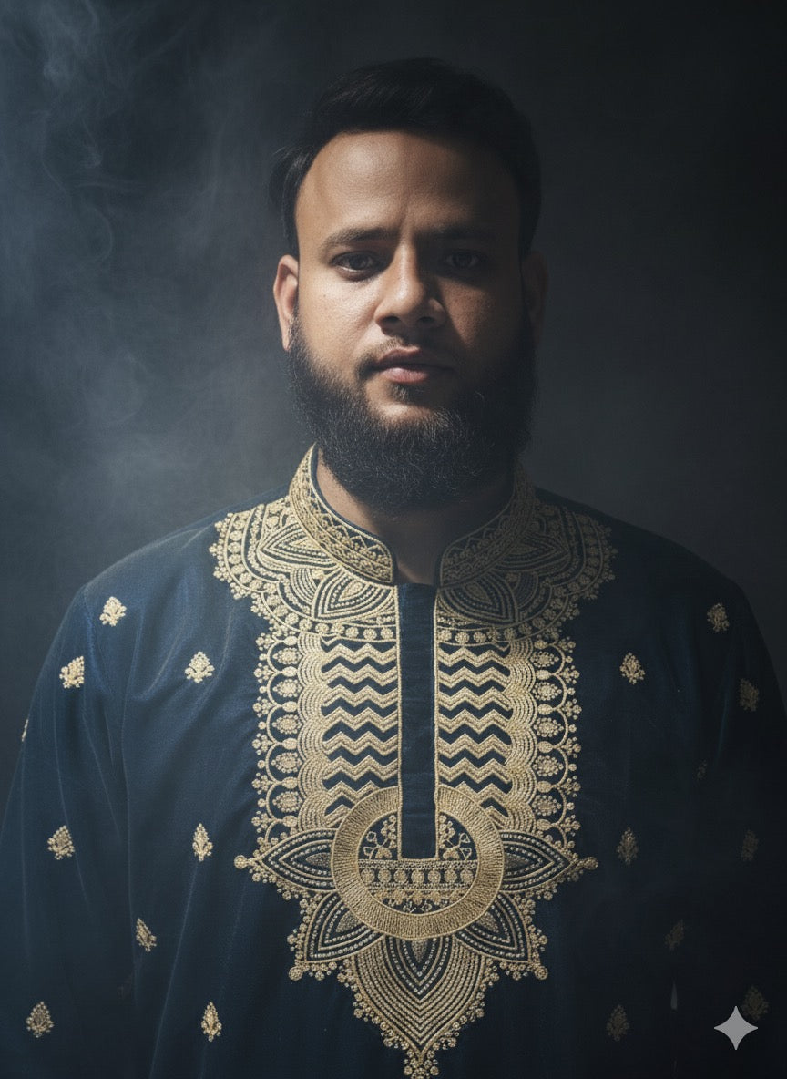 Turkish Blue Velvet Kurta with Gold Thread Embroidery - Kph Outfits