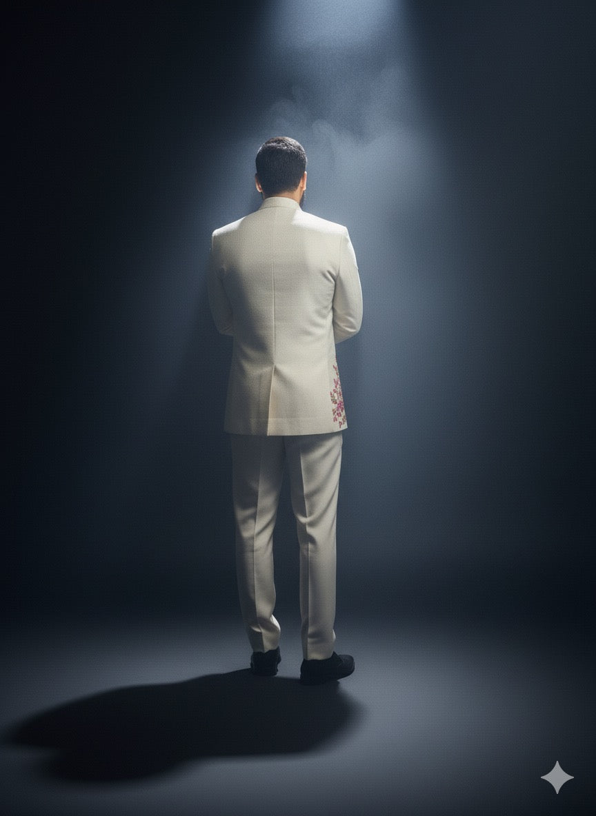 Men's Indo-Western suit with distinctive pink and green floral thread work