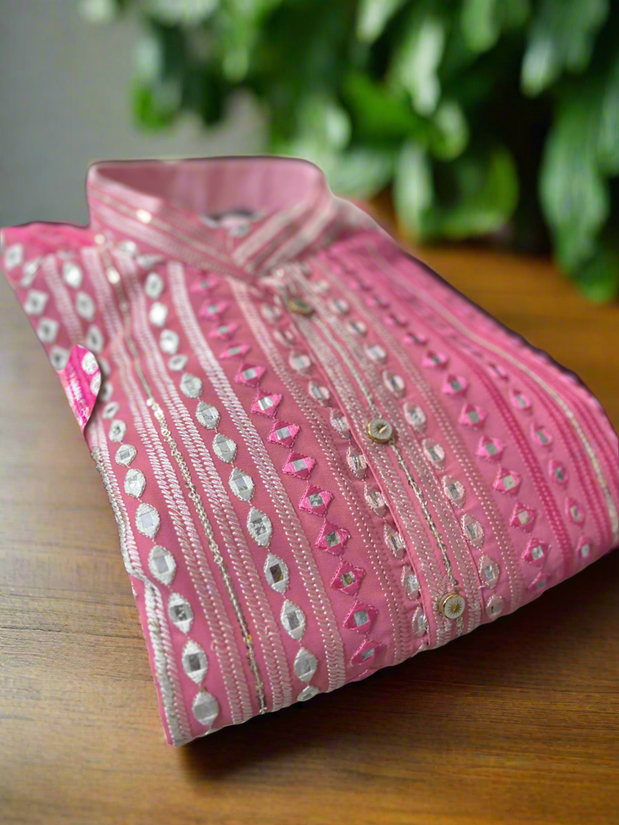 Front view of Men's Pink Mirror Work Kurta Set for Weddings - KPH Outfits