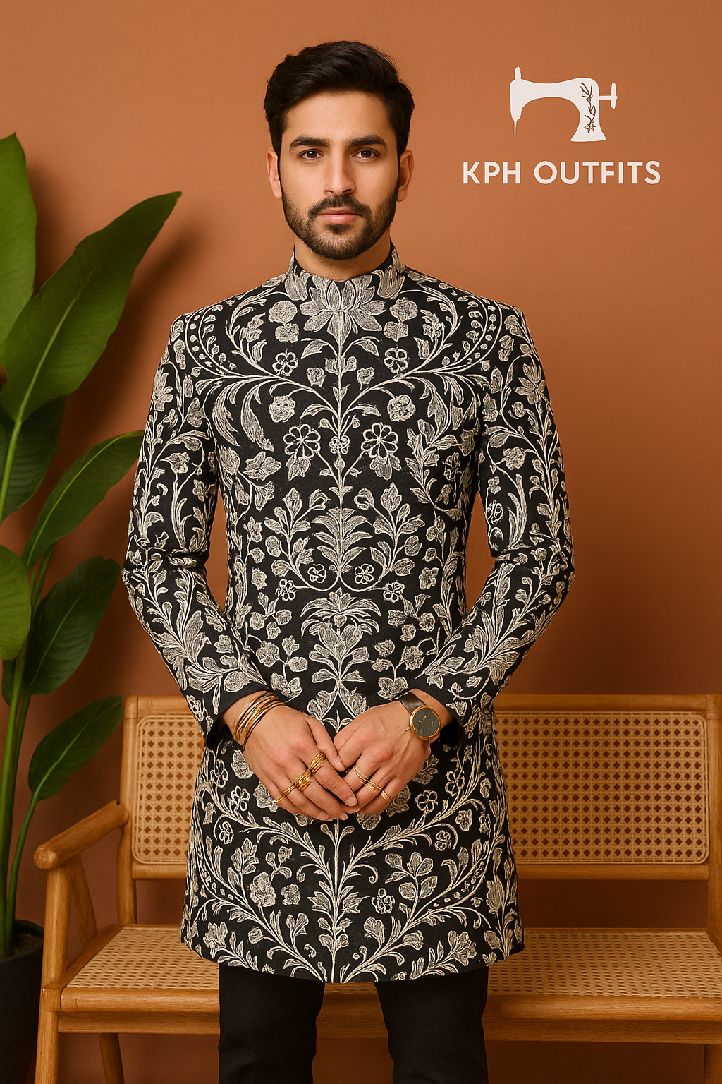 Celebrity Inspired Stylish Embellished Black Achkan Set - Luxury Fashion by KPH Outfits