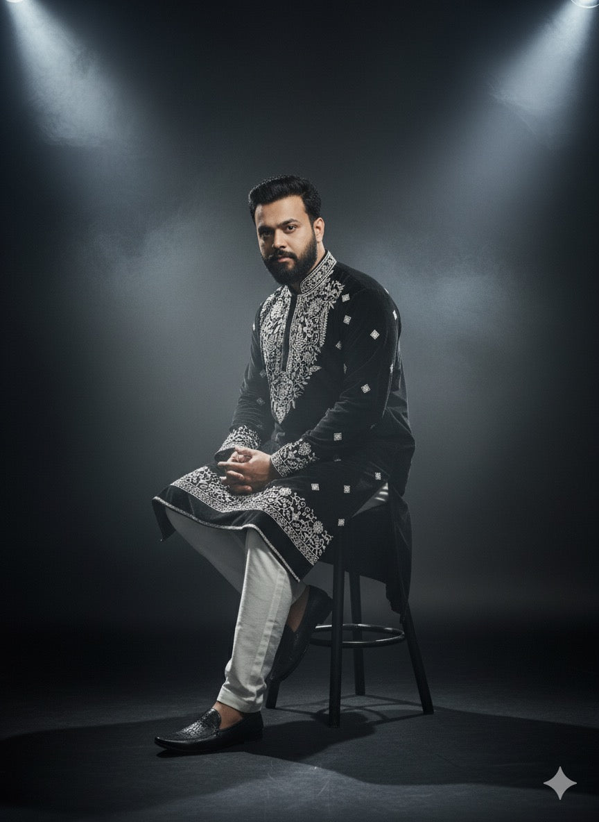 Luxury black kurta set with prominent silver embroidery detailing.
