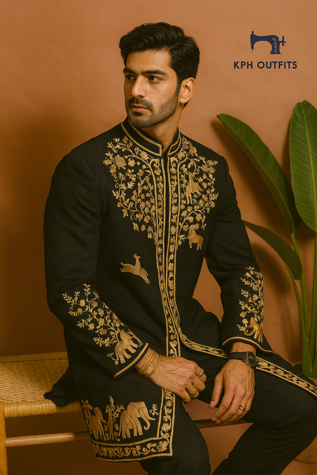 A photograph of a man in a stylish sherwani, highlighting the quality of the Japanese fabric and the unique design.

