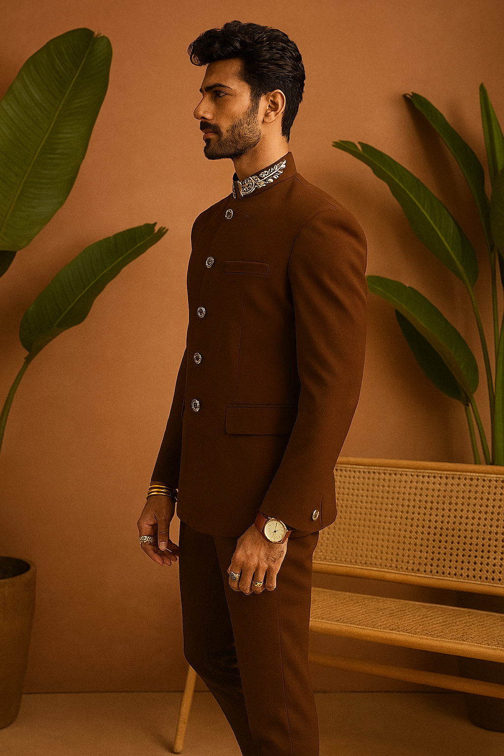 A photograph of a man in a stylish bandhgala suit, highlighting the quality of the fabric and the unique design.


