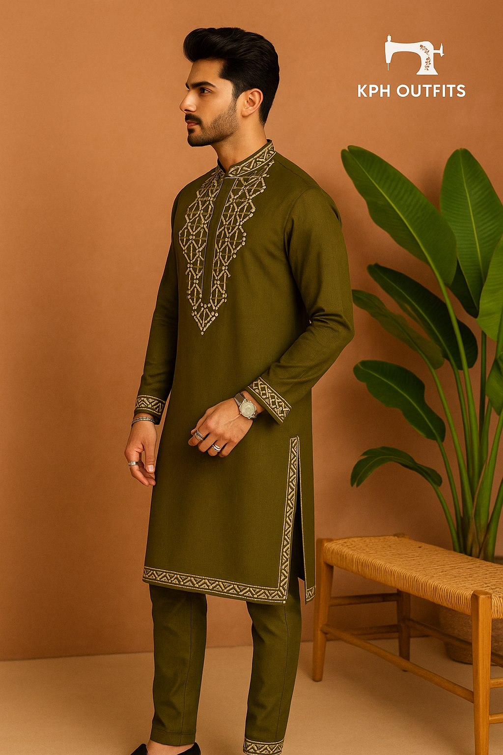 Men's Exclusive Mehndi Special Leather Embellished Kurta Set - KPH Outfits