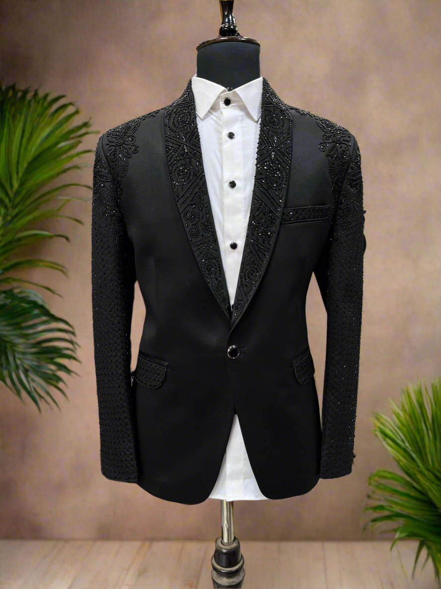 Men's Handcrafted Black Shawl Lapel Tuxedo in Donear Fabric - KPH OutFits