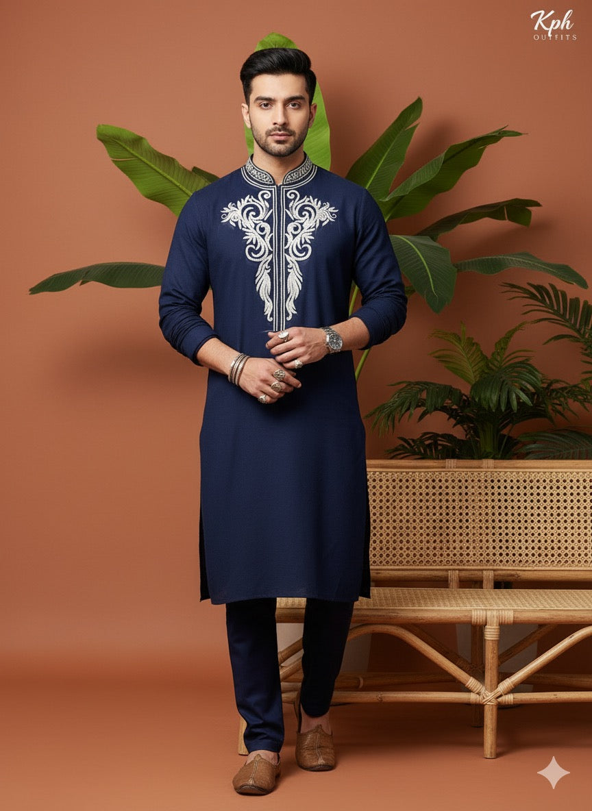Navy blue embroidered kurta set for men with white neckline embroidery – KPH Outfits