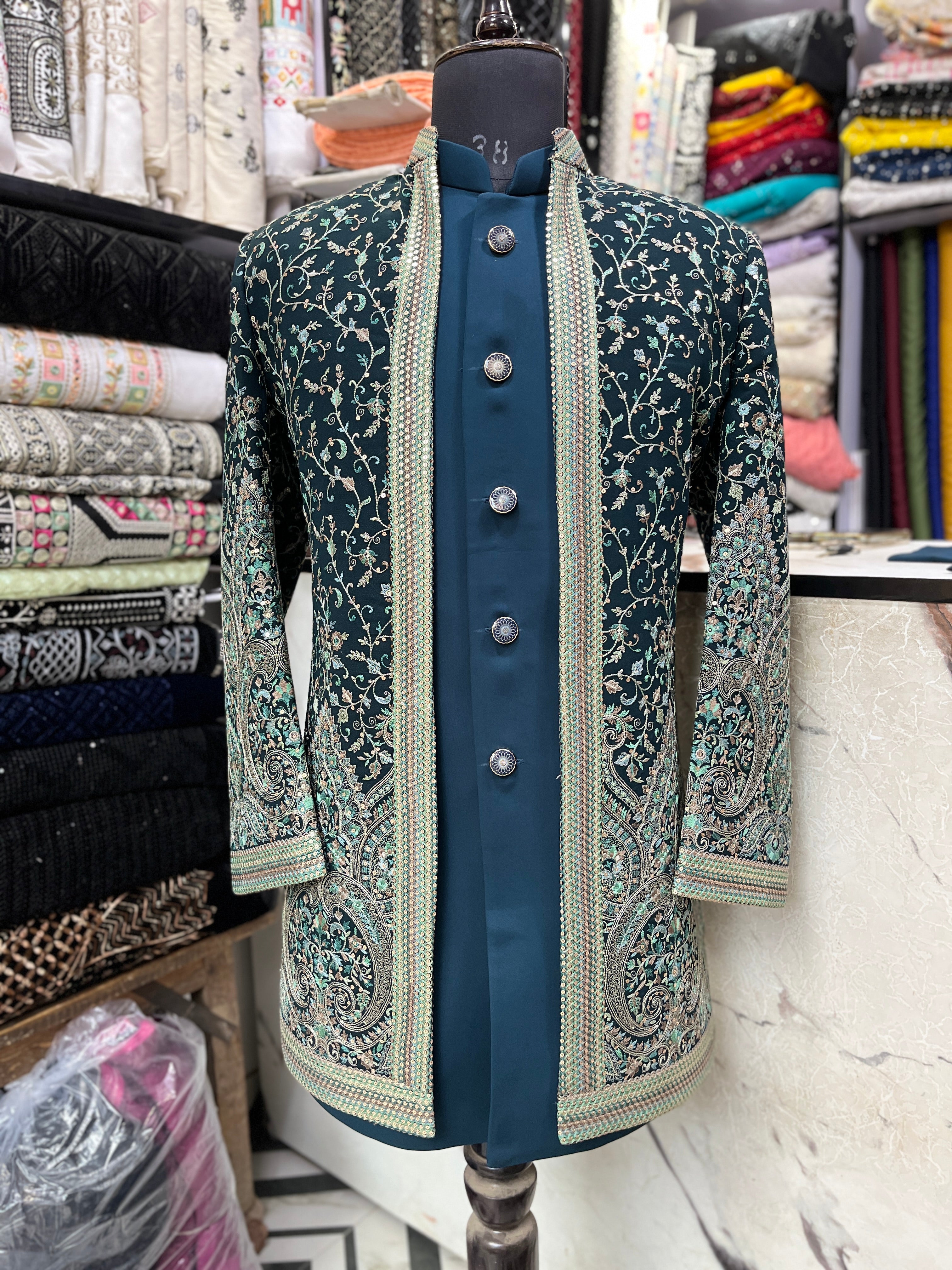 Men's Teal Blue Kalamkari Embroidery Open Indo-western Set