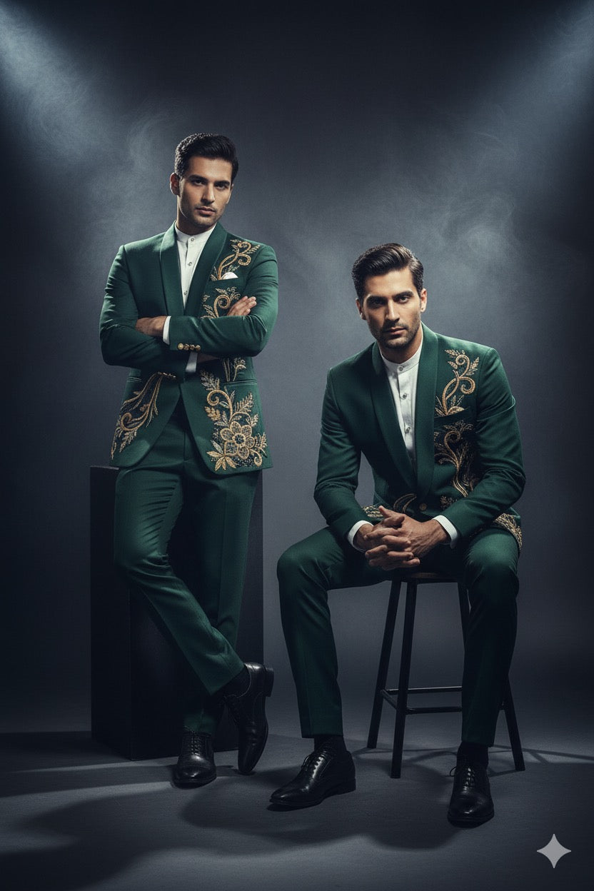 Emerald green handcrafted tuxedo suit with intricate gold floral embroidery – luxury groomwear by KPH Outfits.