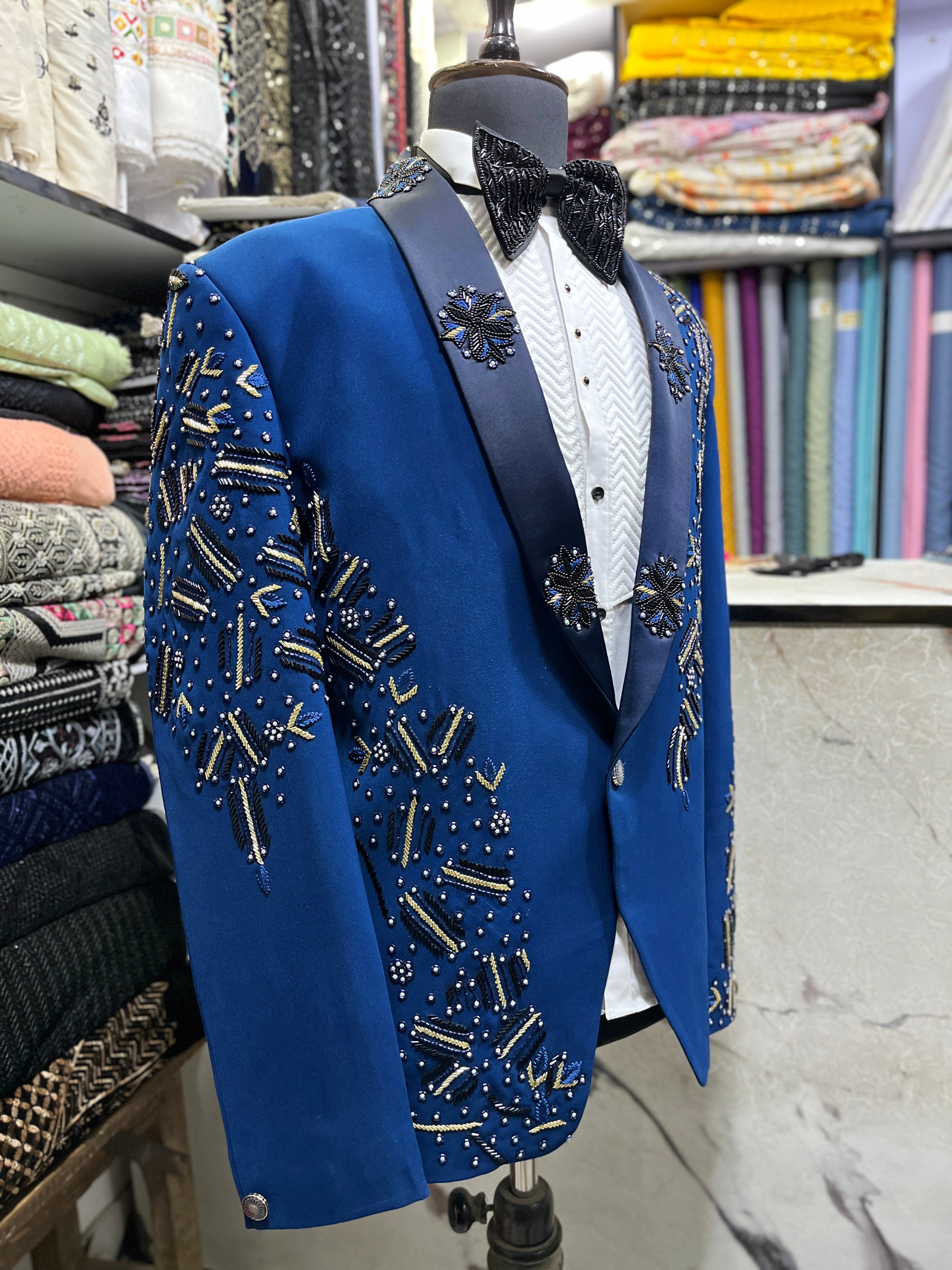 Men's Royal Blue Handcrafted Cut Work Tuxedo Suit