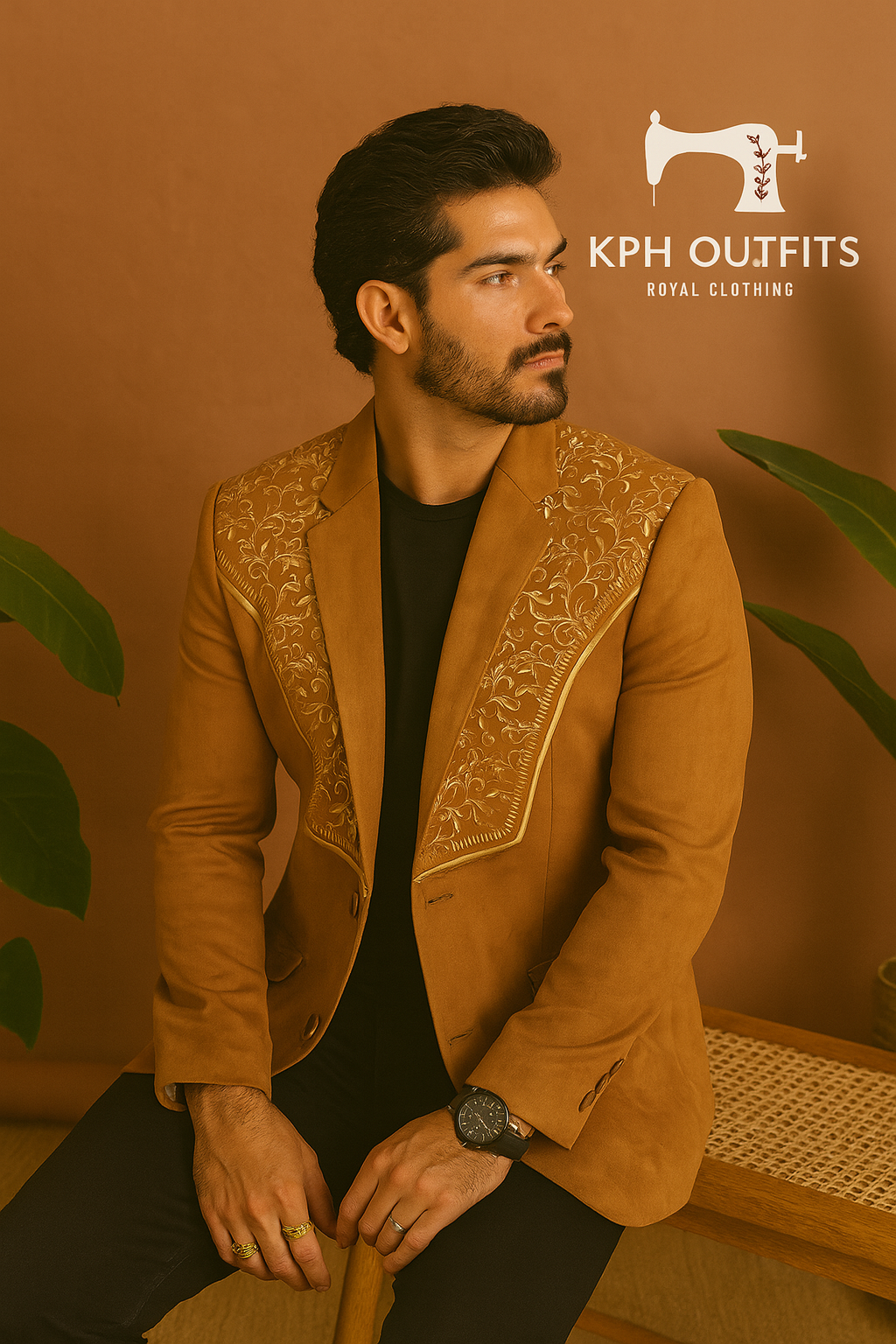 Exclusive Men's Camel Thread Embroidered Tuxedo Suit - KPH Outfits