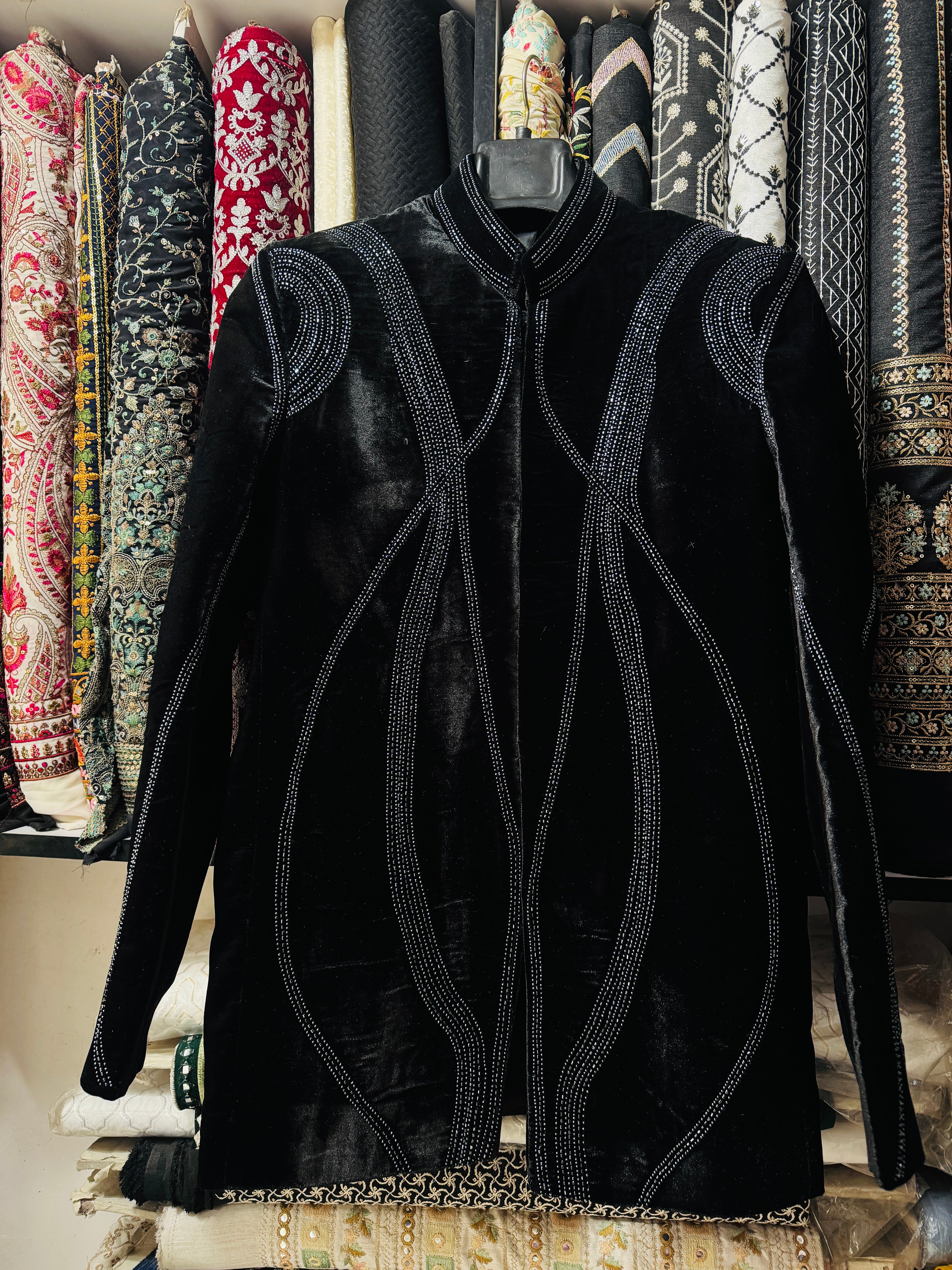 Black Velvet Handcrafted Embellished Jodhpuri Set - Kphoutfits 