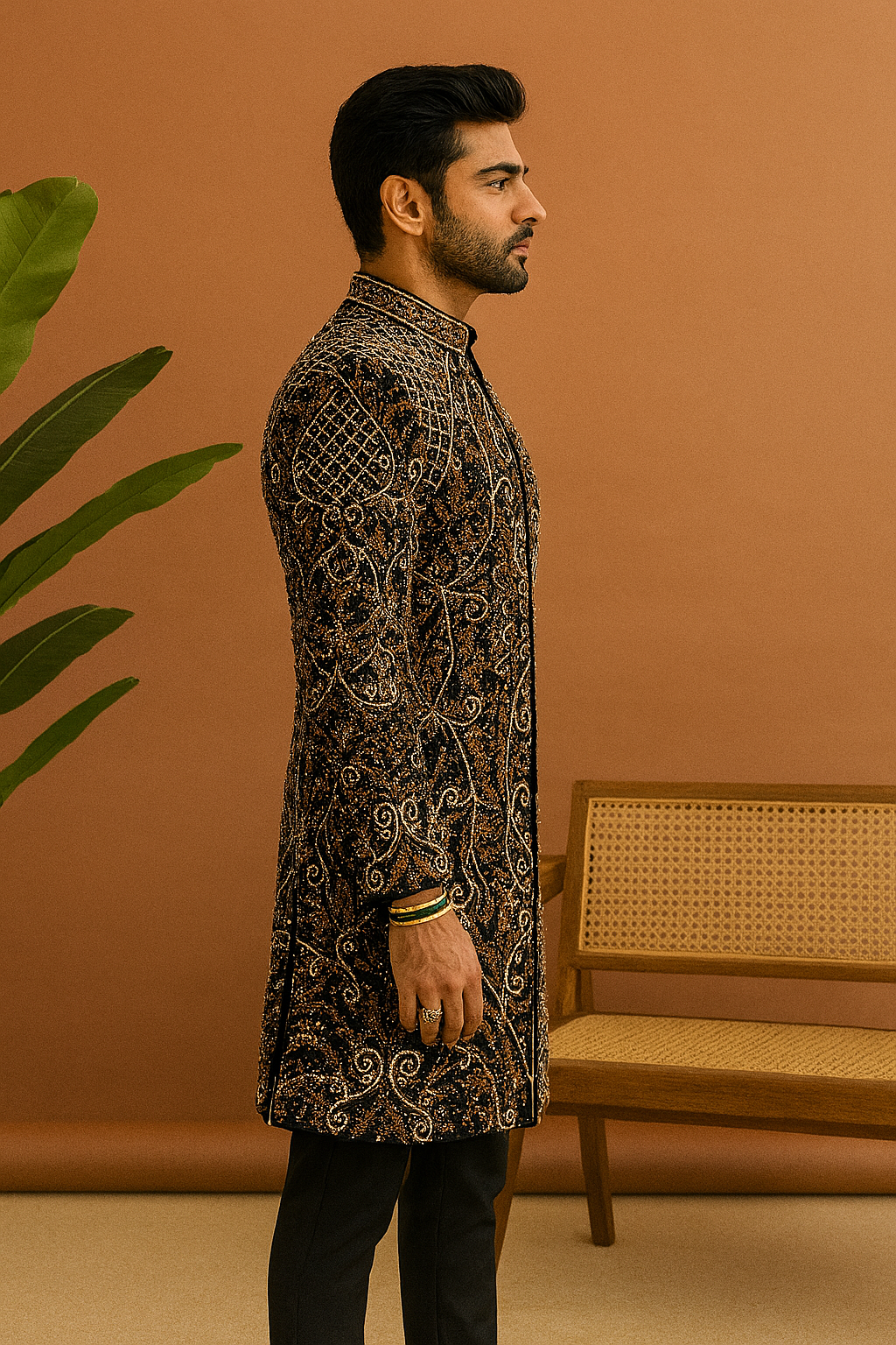 Designer embellished black sherwani with churidar – KPH Outfits