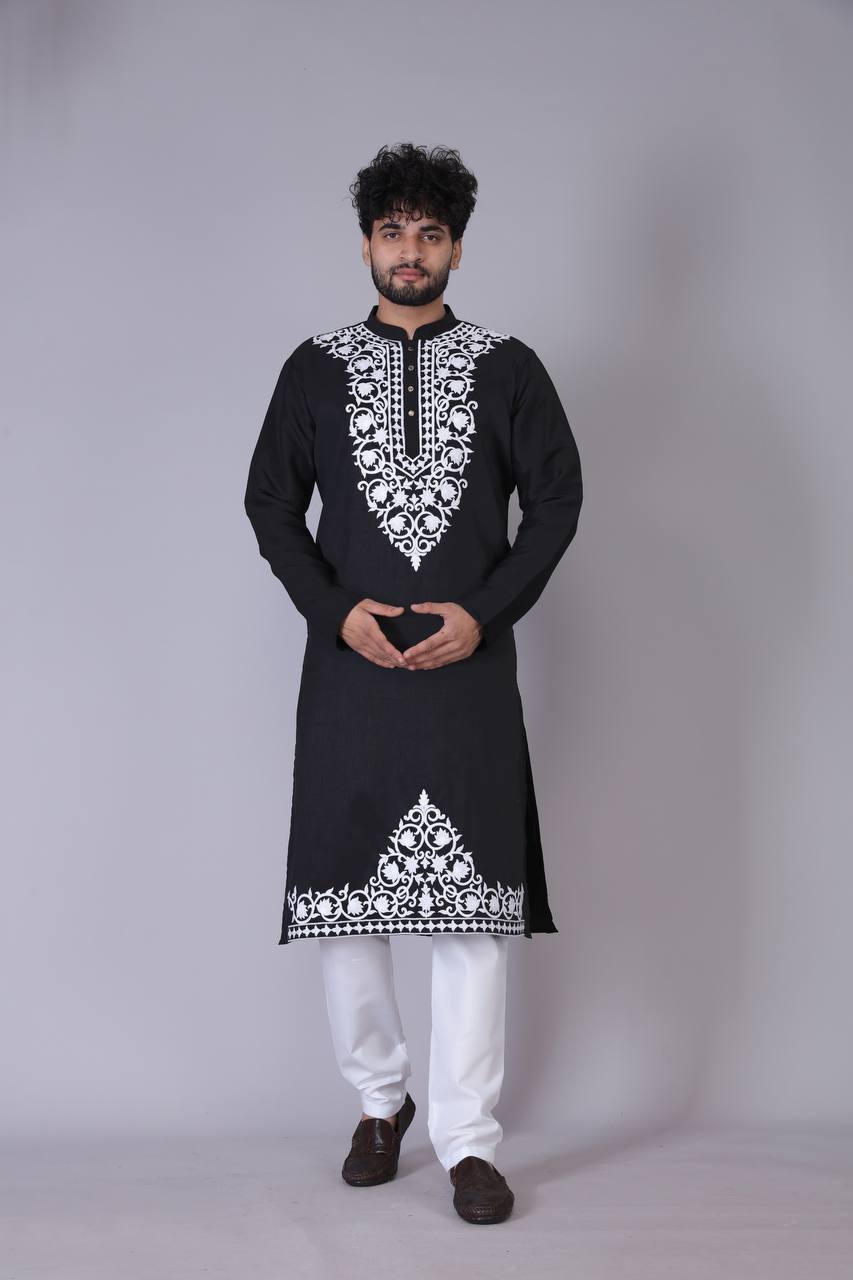 Men's Black Neck pattern Embroidery kurta Set