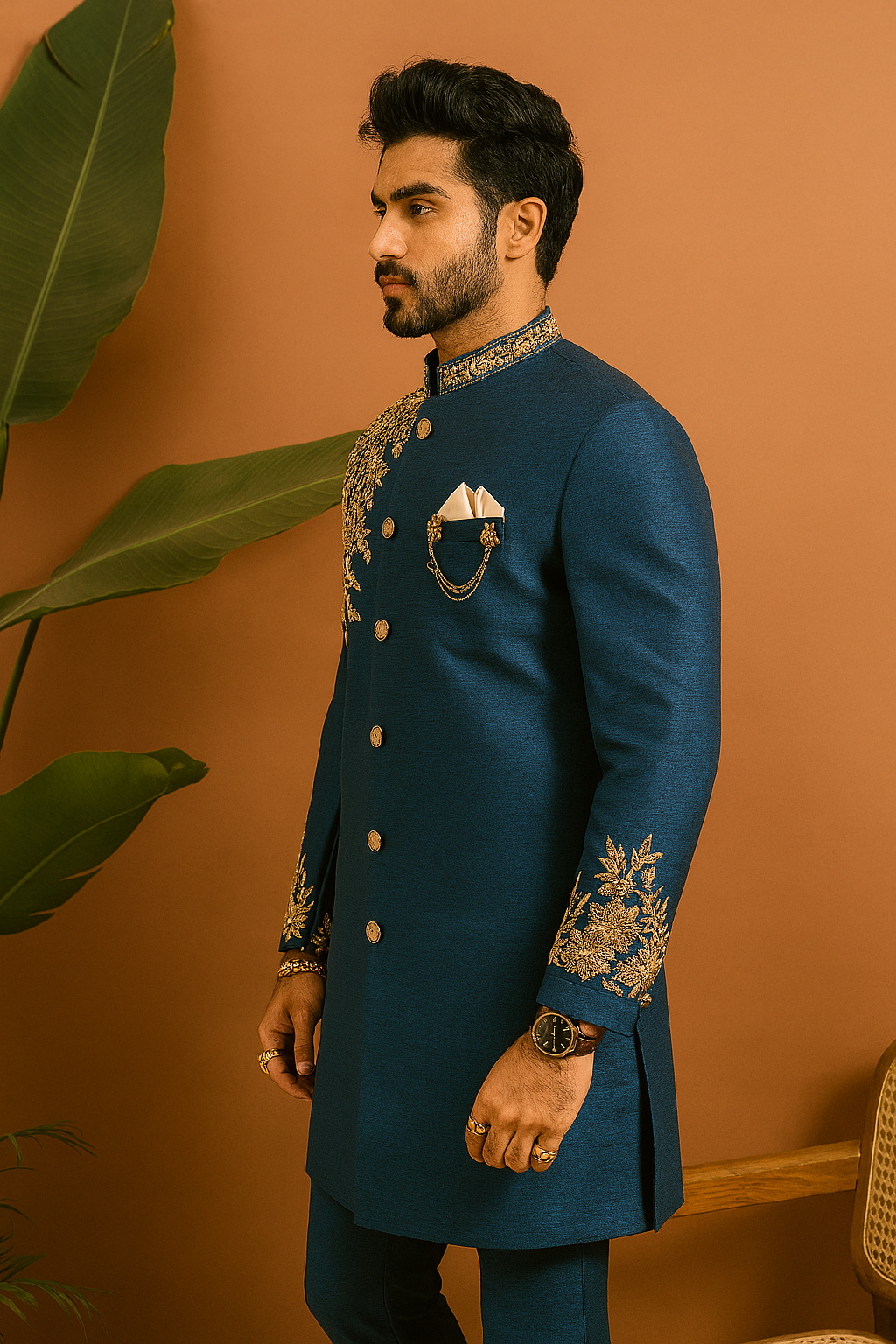 Man wearing a blue embroidered sherwani against a brown background
