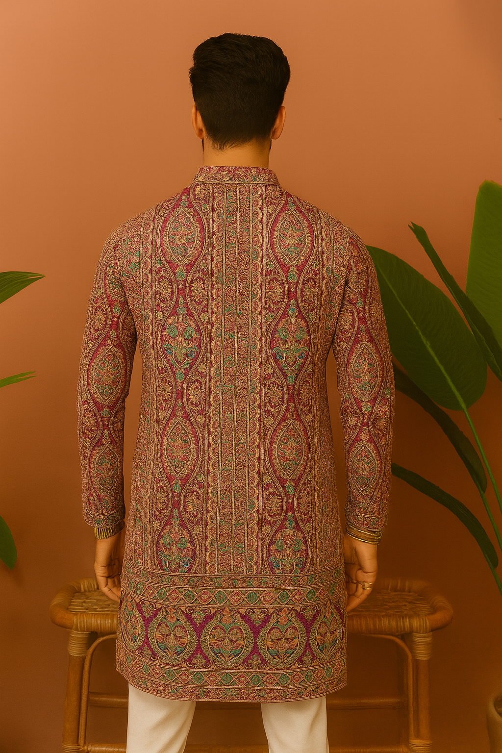 A photograph of a man in an embellished kurta set, highlighting the quality of the fabric and the unique design.

