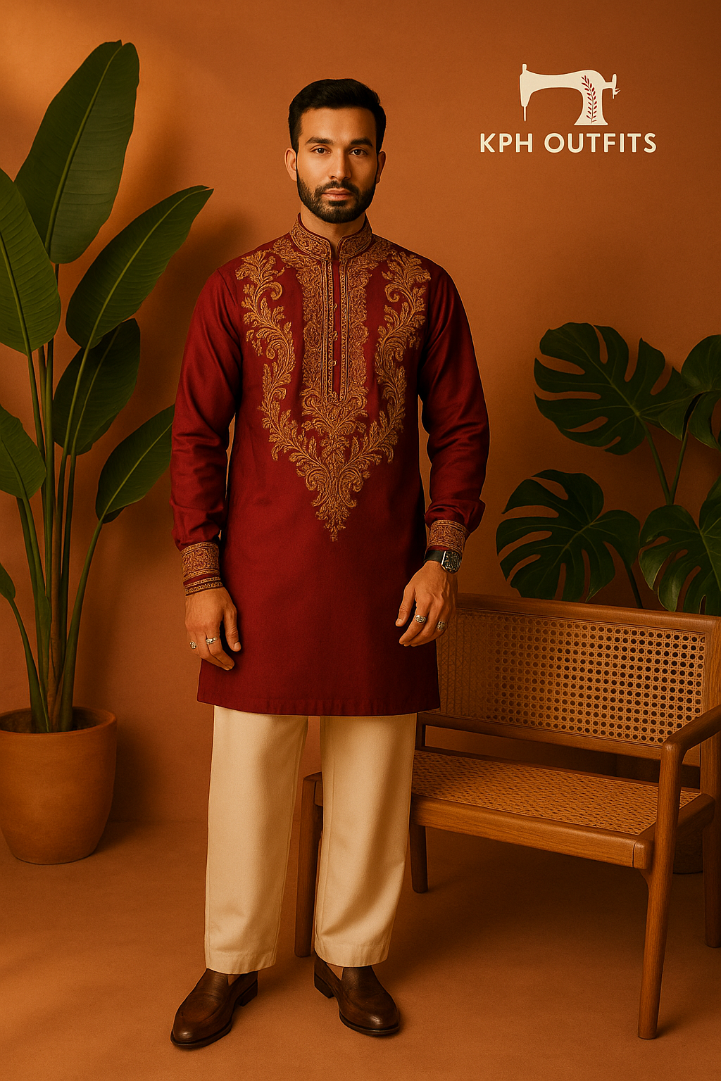 A photograph of a man in a stylish kurta set, highlighting the quality of the fabric and the unique design.

