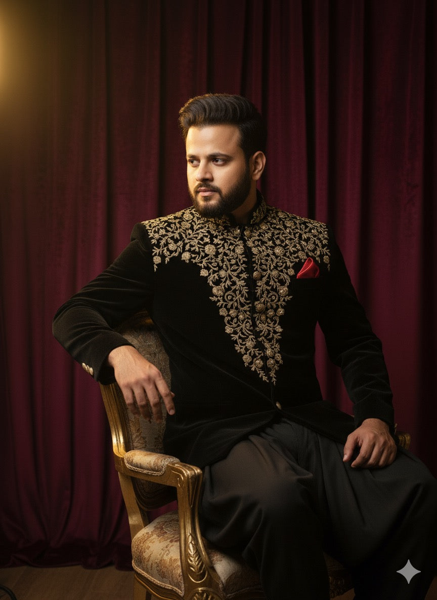 Luxurious men's Bandhgala jacket with ornate gold work for reception