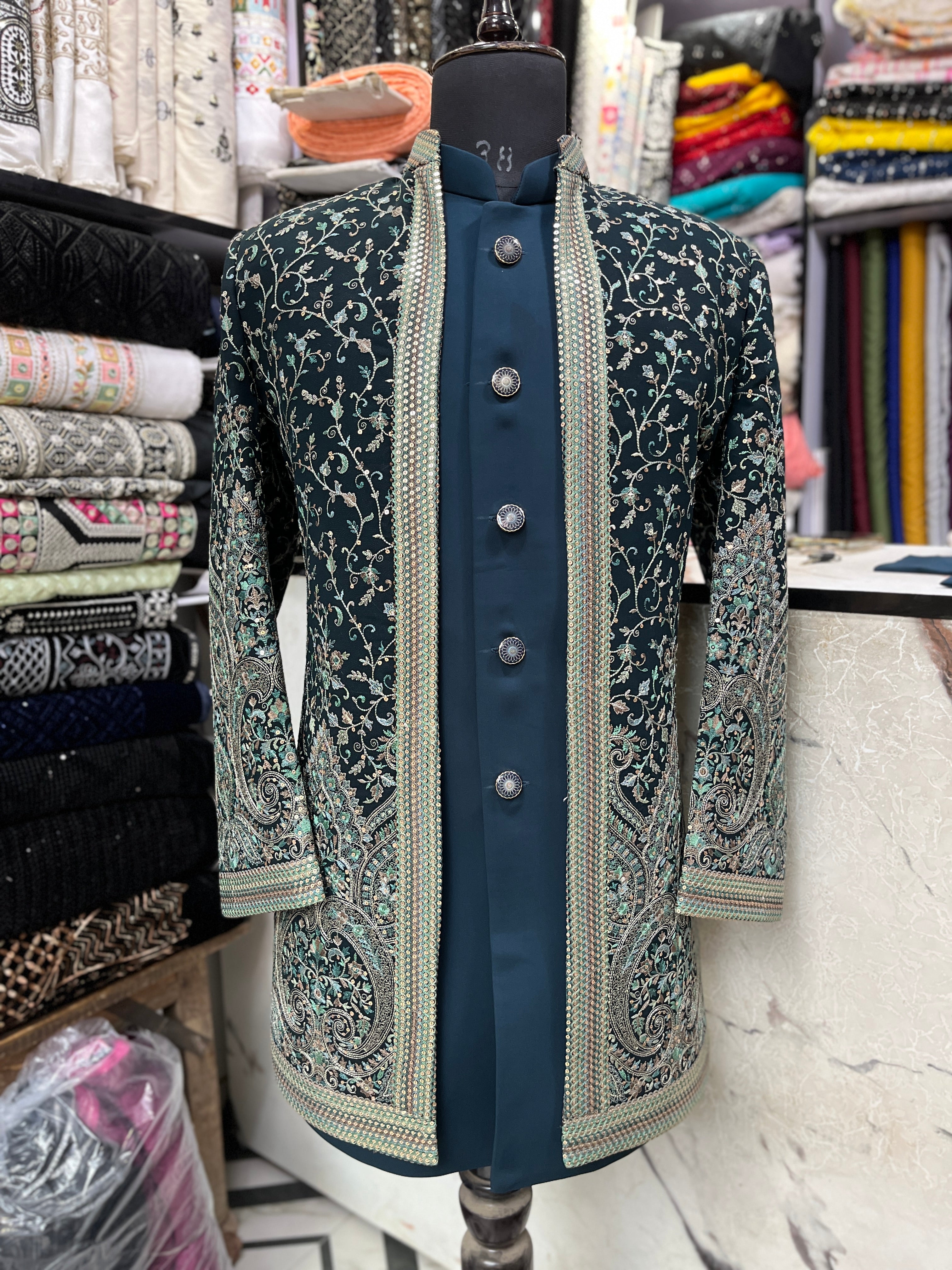 Men's Teal Blue Kalamkari Embroidery Open Indo-western Set