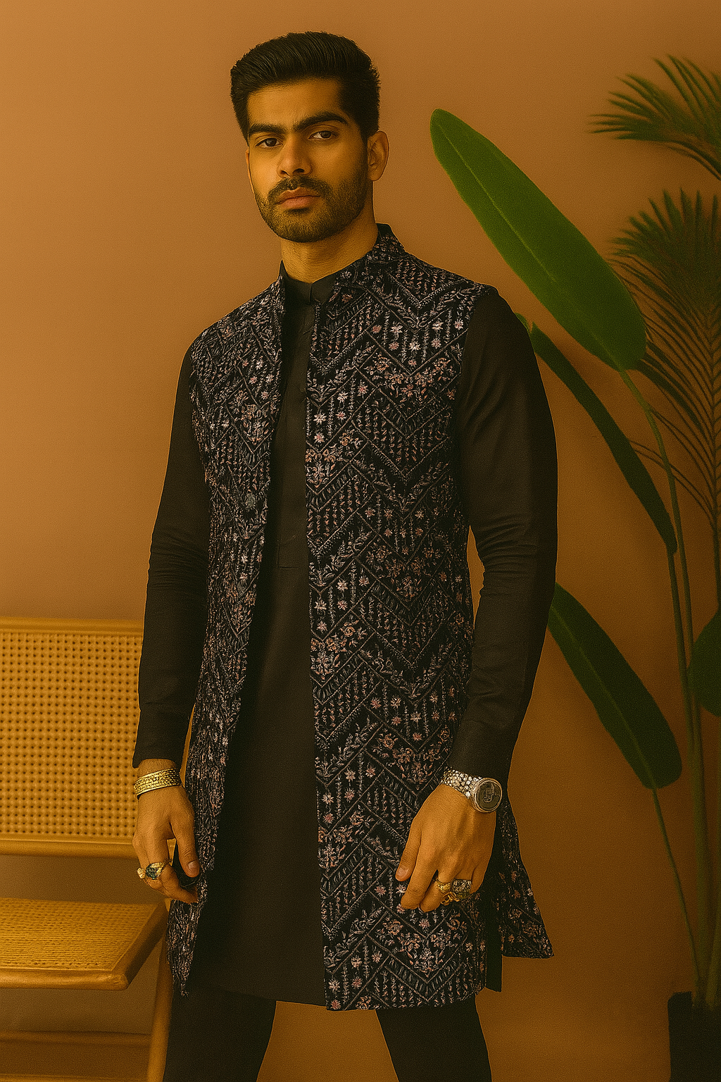 Men's Exclusive Black Velvet Sleeveless Jacket Set