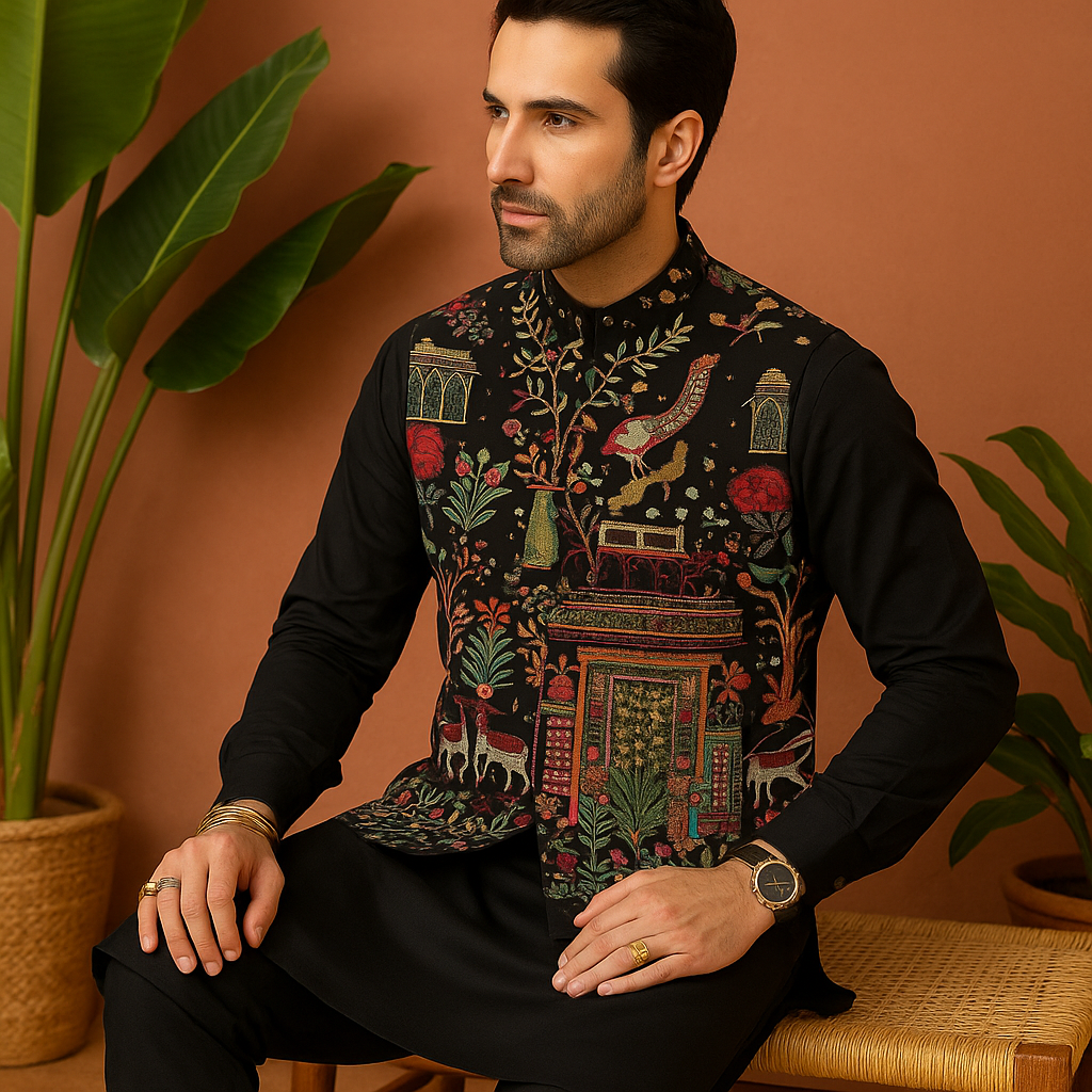 Men's Black and White Multi-Colour Thread Embroidery Nehru Jacket Set - KPH Outfits