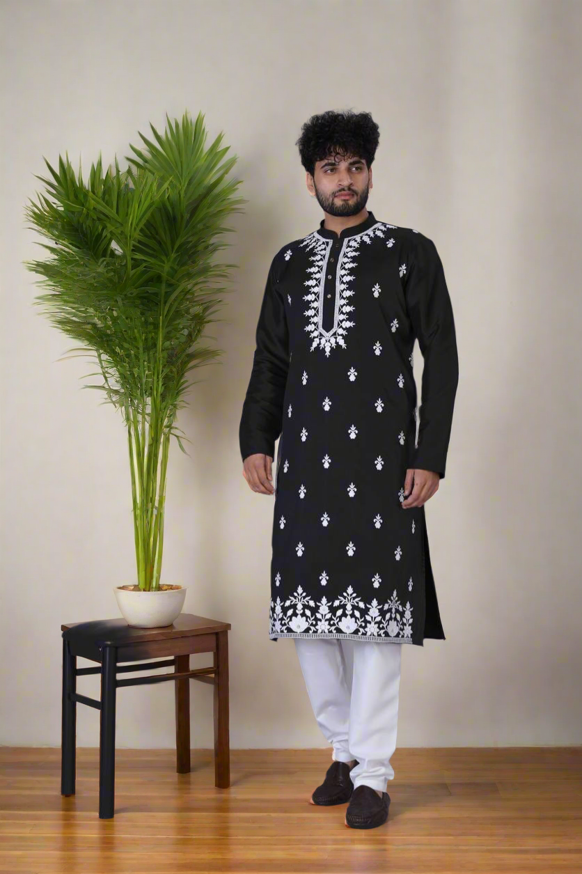 Black stylish embroidery kurta set with cotton silk fabric.