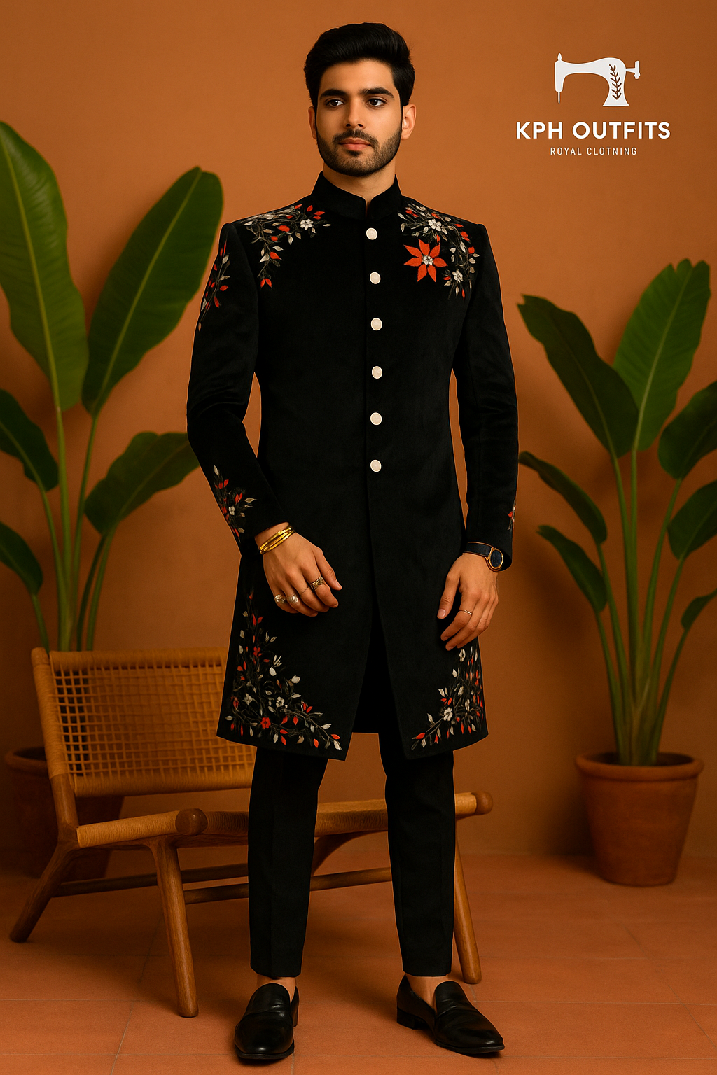 Men's Black Velvet Handcrafted Sherwani with Thread Embroidery – Timeless Groom Wear by KPH Outfits