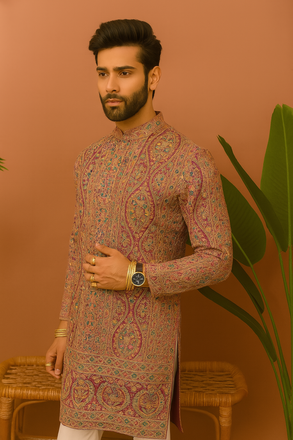 A photograph of a man in an embellished kurta set, highlighting the quality of the fabric and the unique design.

