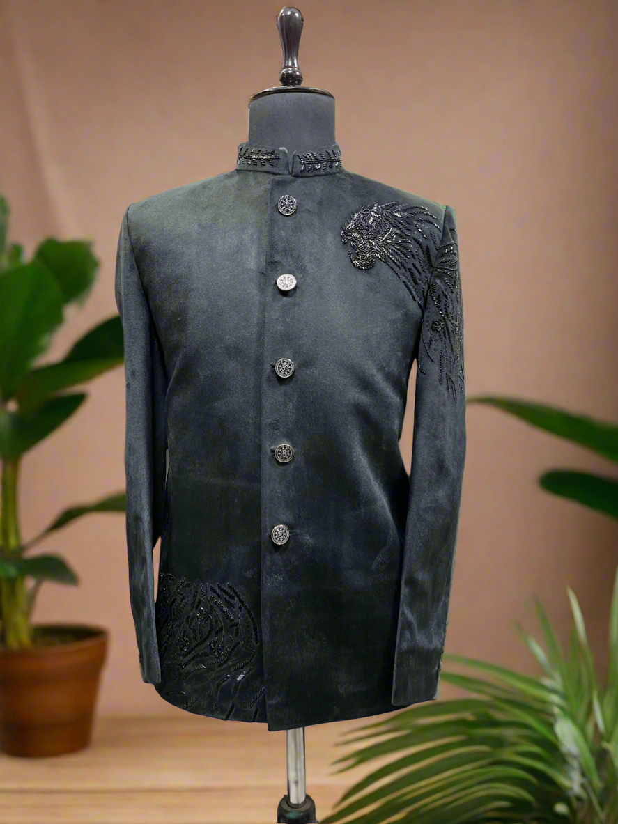 Men's Black Velvet Jodhpuri Set with Handcrafted Lion Embroidery – Exclusive Wedding Wear By KPH Outfits