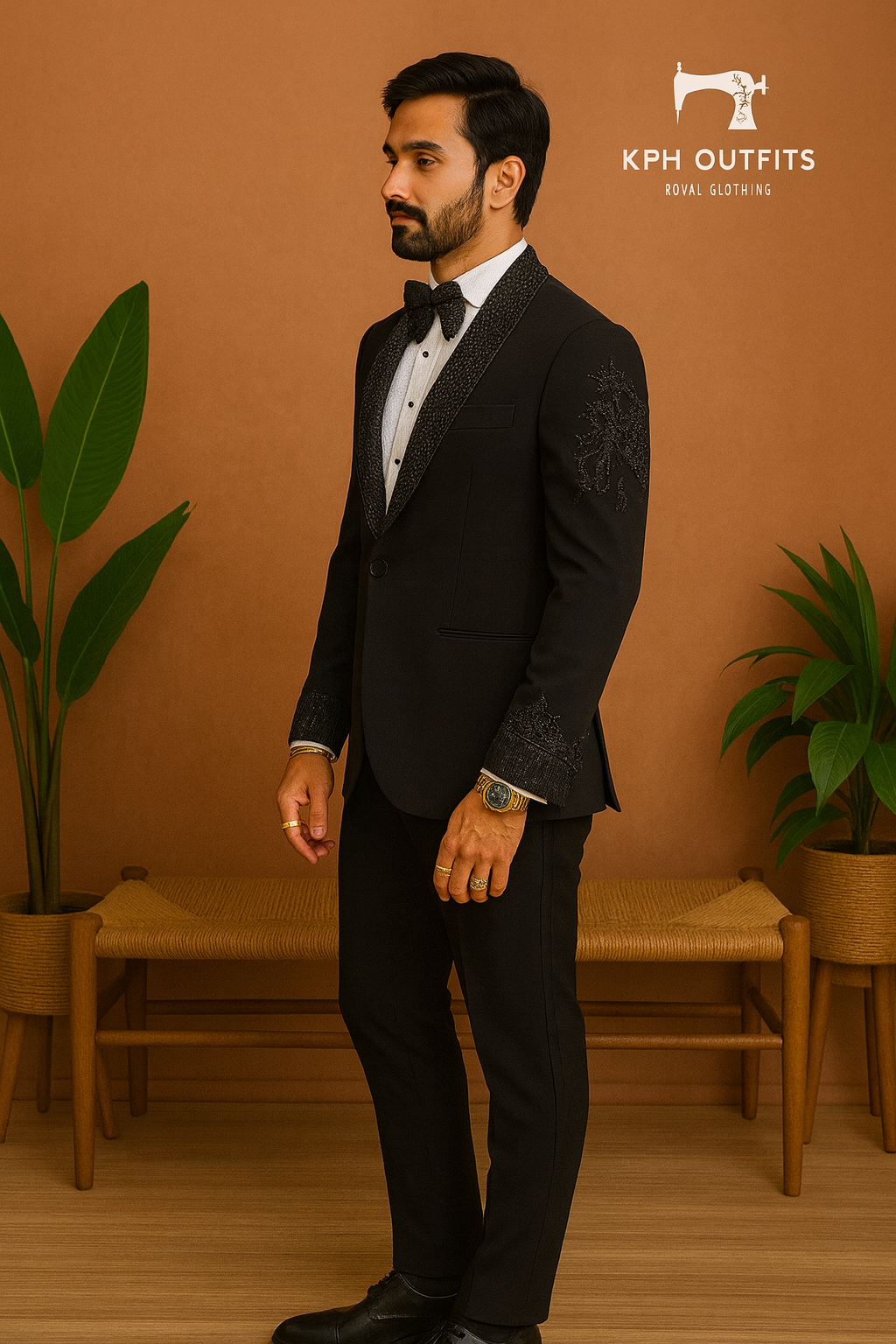 Men's Black Handcrafted Tuxedo Suit with Cut Work Detailing By KPH Outfits
