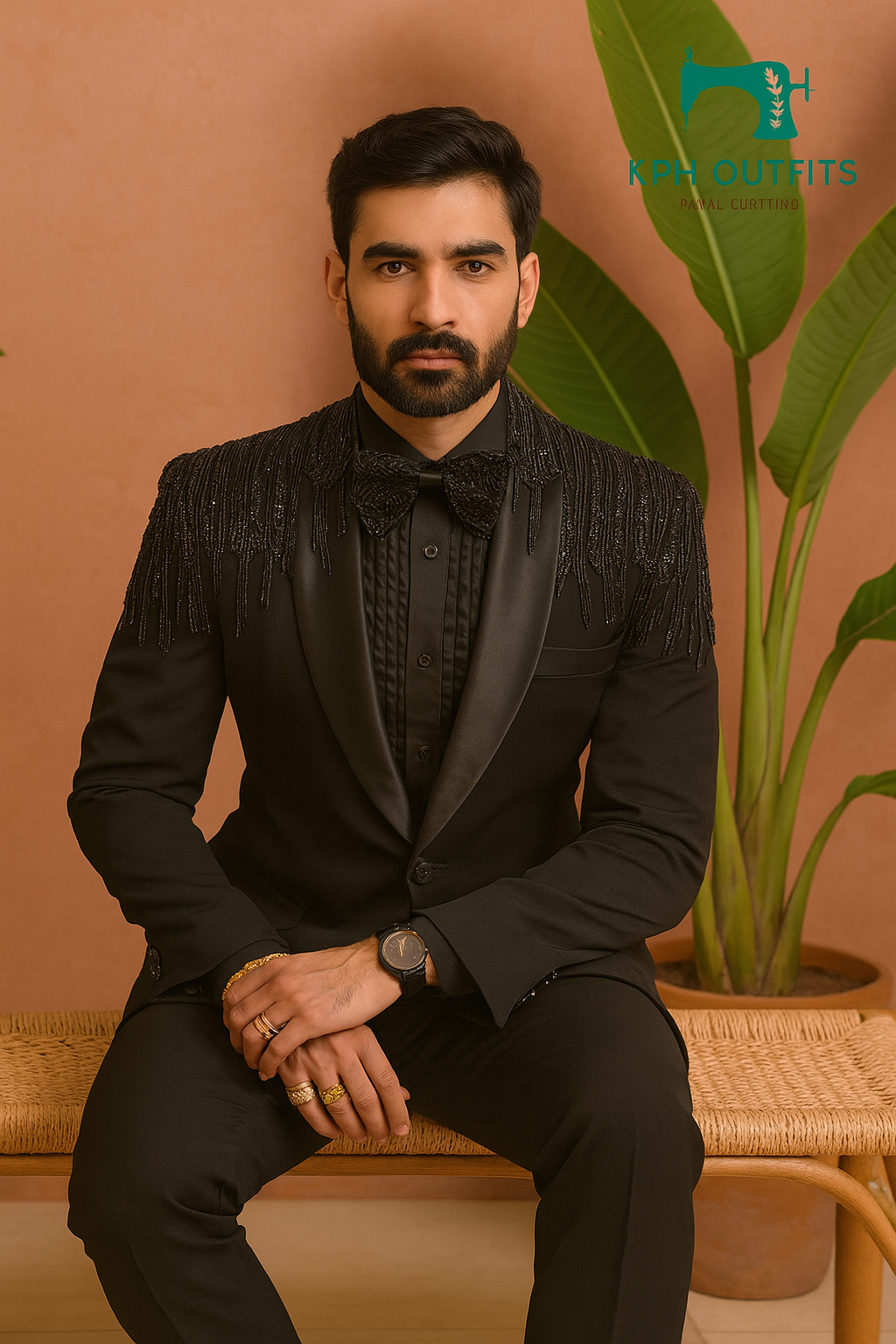 A model in a black formal suit, designed to make a statement at any special occasion.

