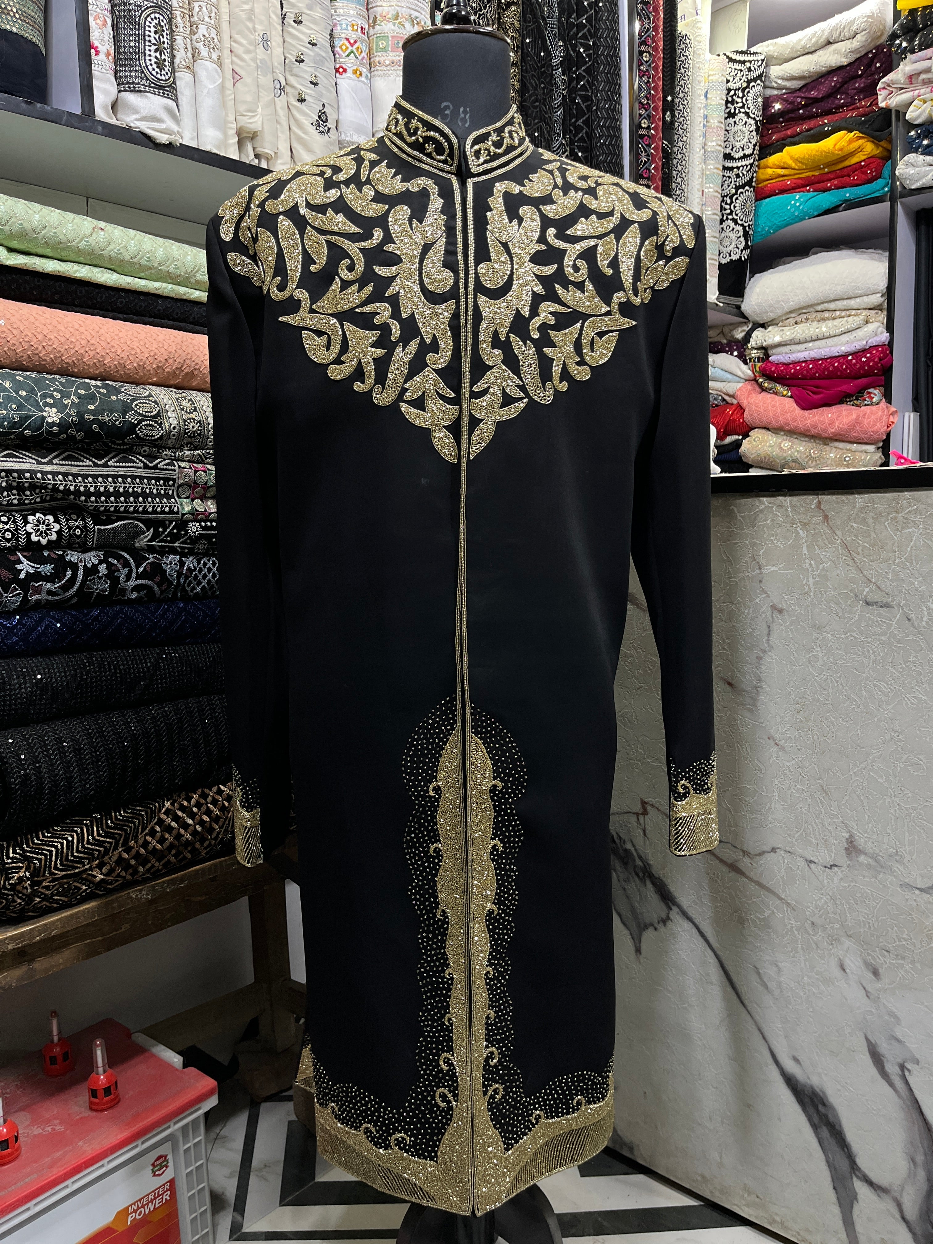 Men's Black Handcrafted Cut Work Sherwani Set