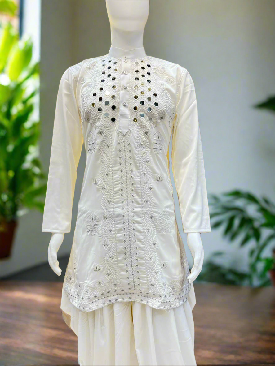 "Men's ivory kurta set with real mirror work - KPH Outfits"
