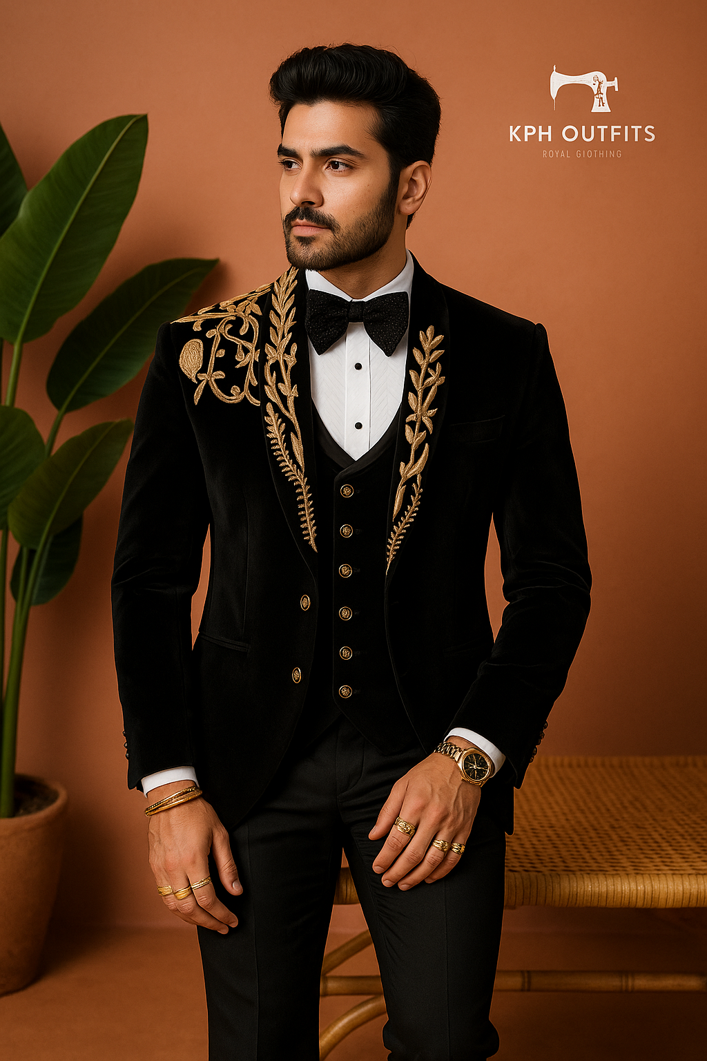 Men's Black Handcrafted Zardozi Work Shawl Lapel Tuxedo Suit by KPH Outfits