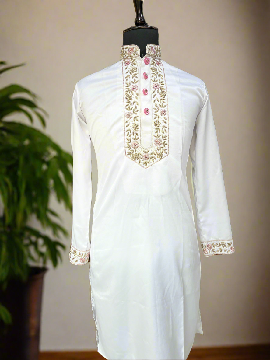 Elegant White Kurta Set for Men with Handcrafted Zardozi Work and Neck Embroidery
