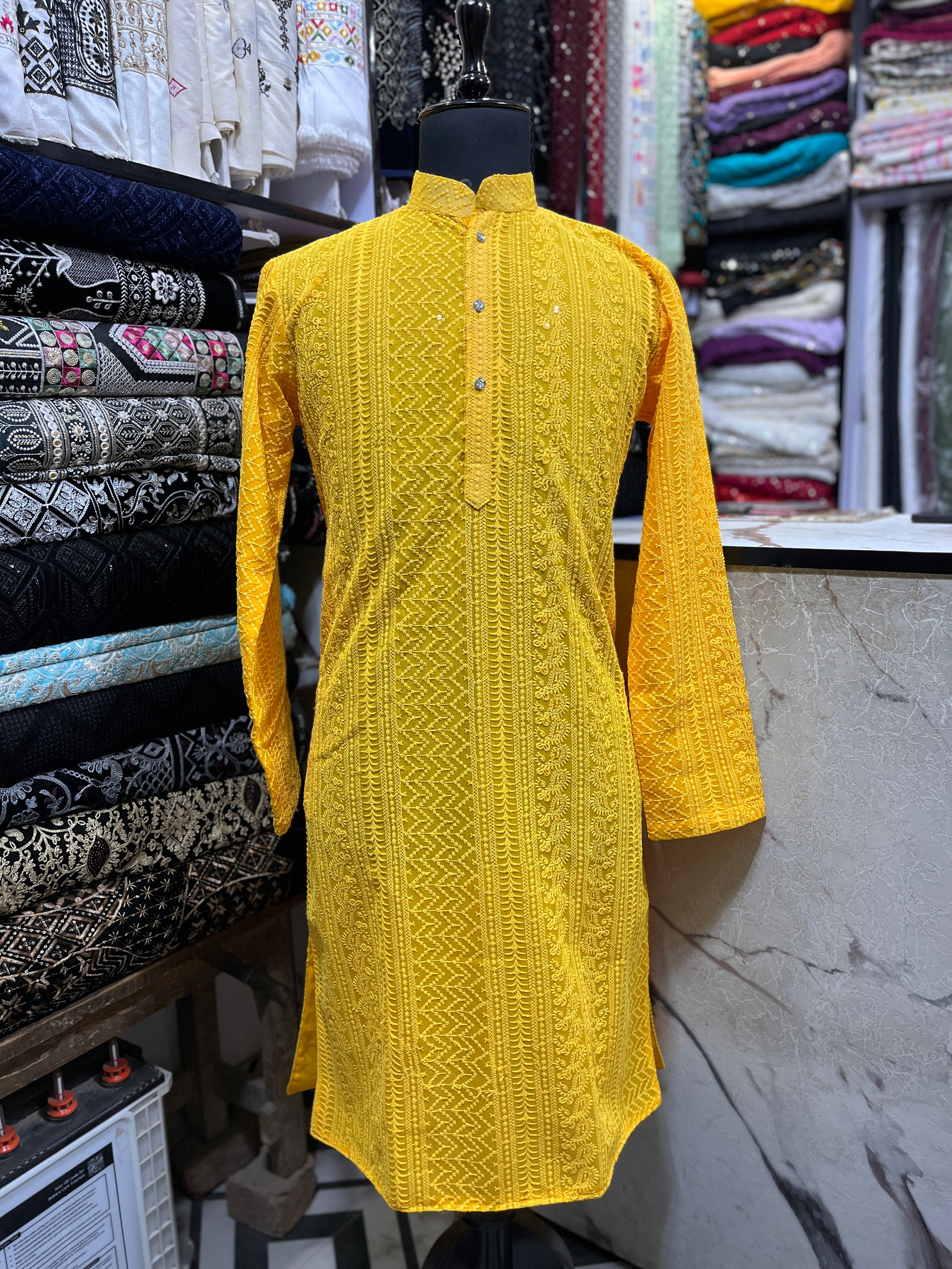 Men's Yellow Lakhnavi Haldi Special kurta Set