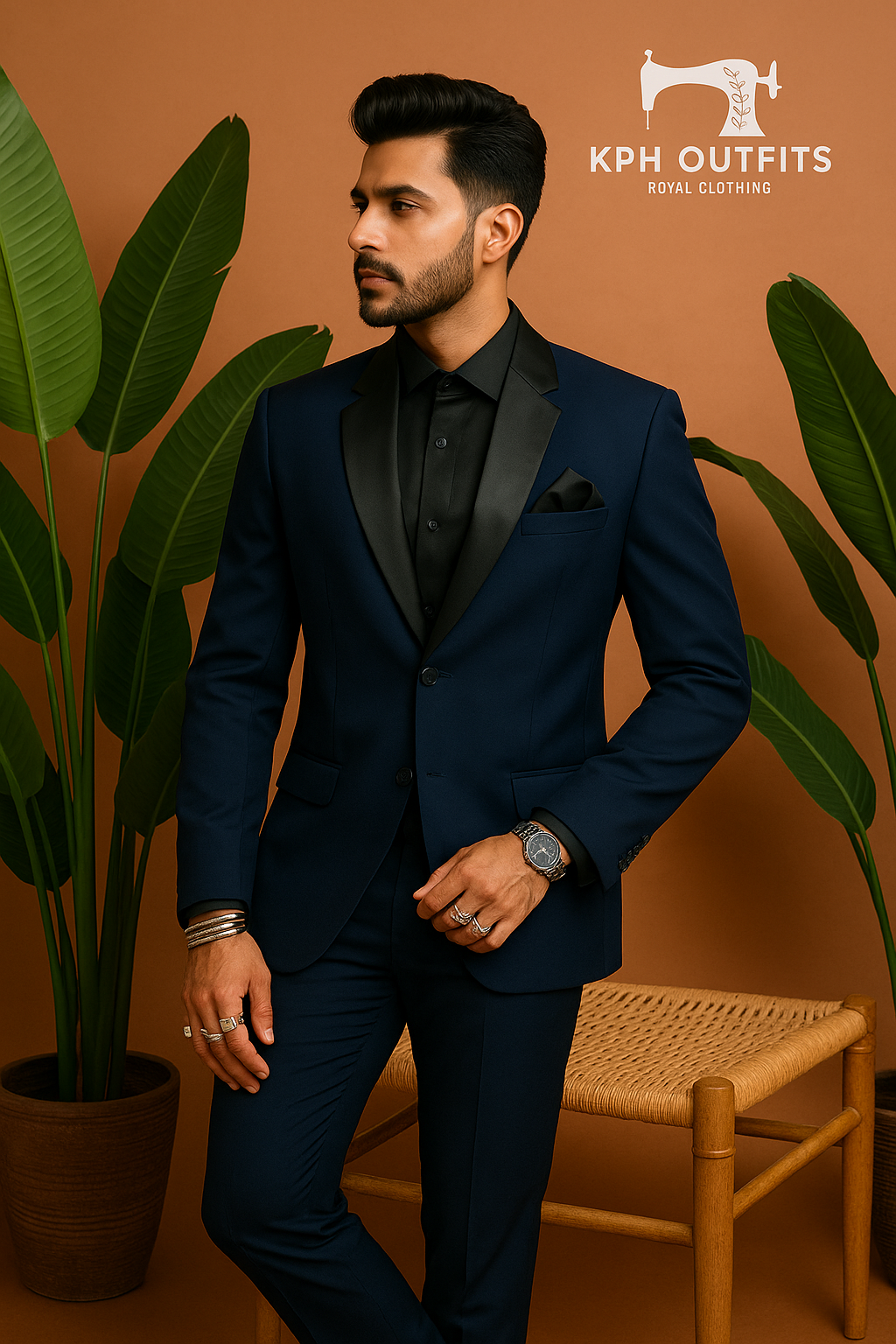 A photograph of a man in a stylish tuxedo, emphasizing the quality of the Japanese fabric and the classic design.

