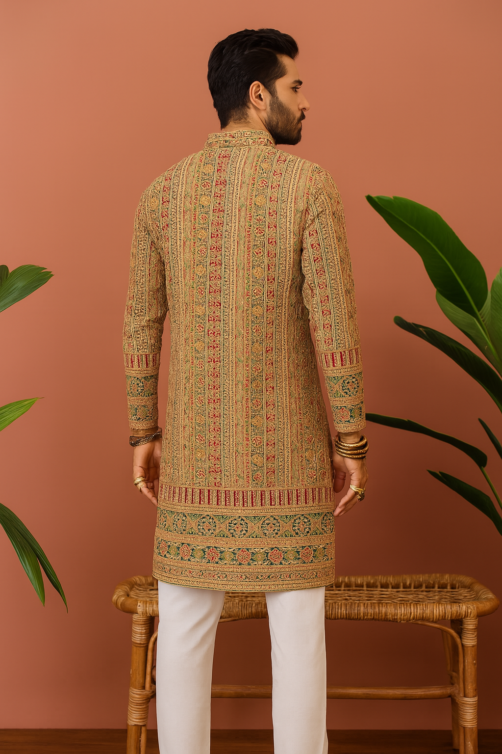 A front view of a man in a golden-brown kurta with intricate embellishments on the front, paired with matching pants.

