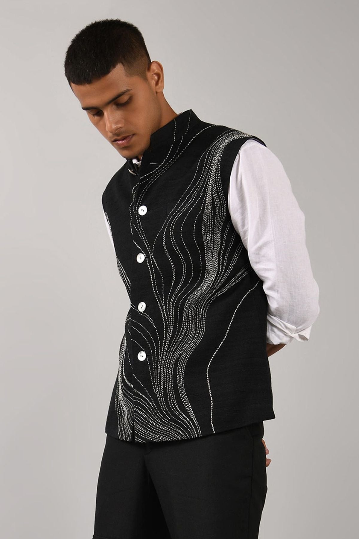 Men's Black Handcrafted Nehru Jacket Set