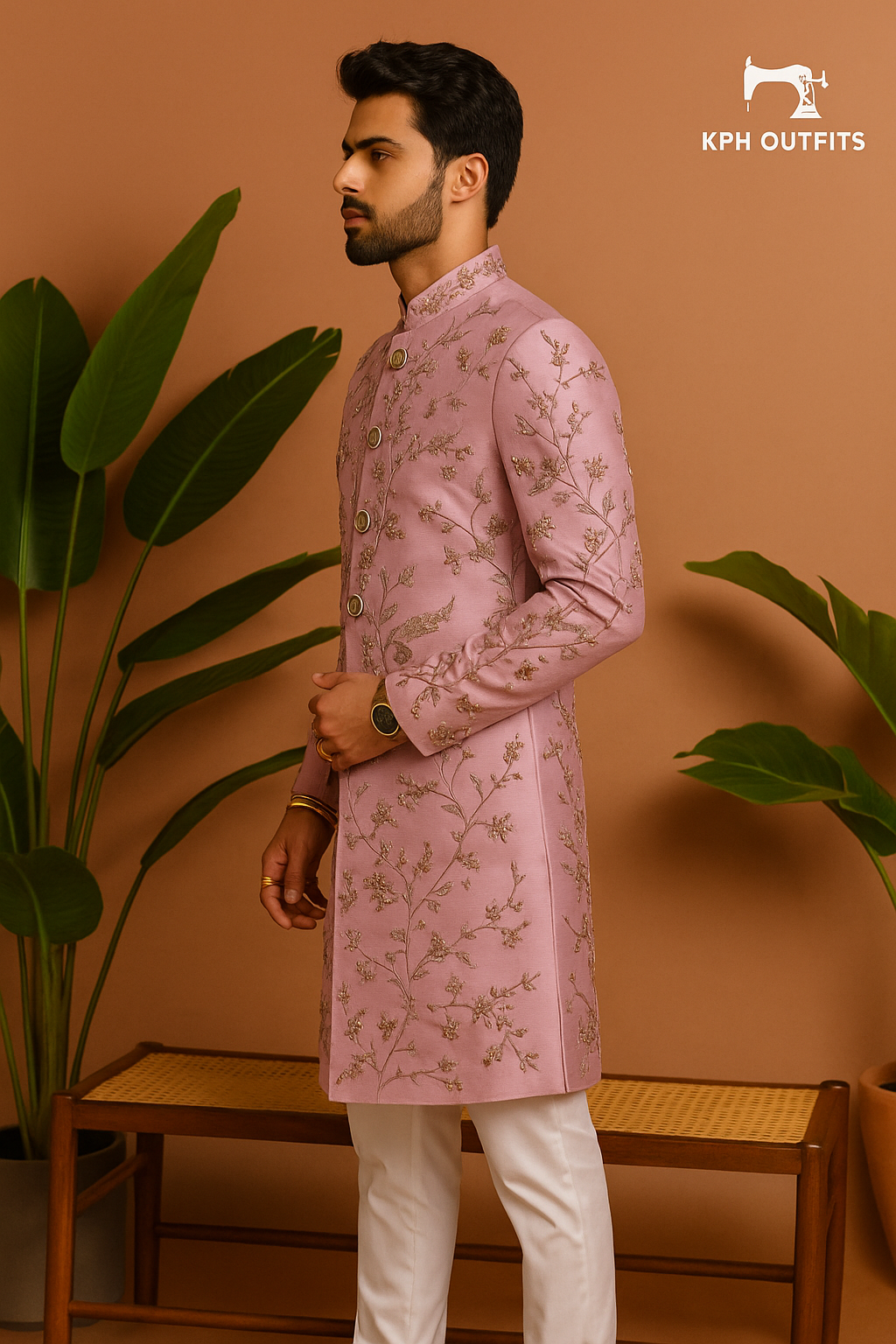 Luxury groom sherwani in pink with elaborate embroidery, KPH Outfits