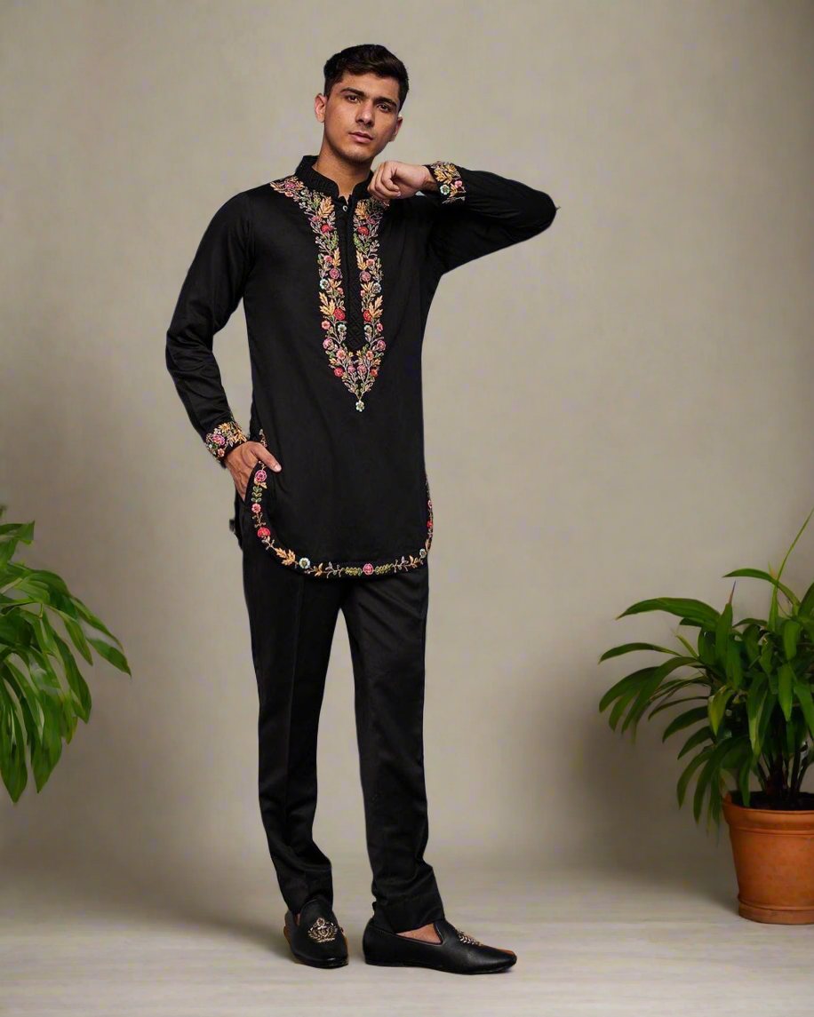 Front view of Men’s Black Embroidered Kurta Set with multicolor detailing
