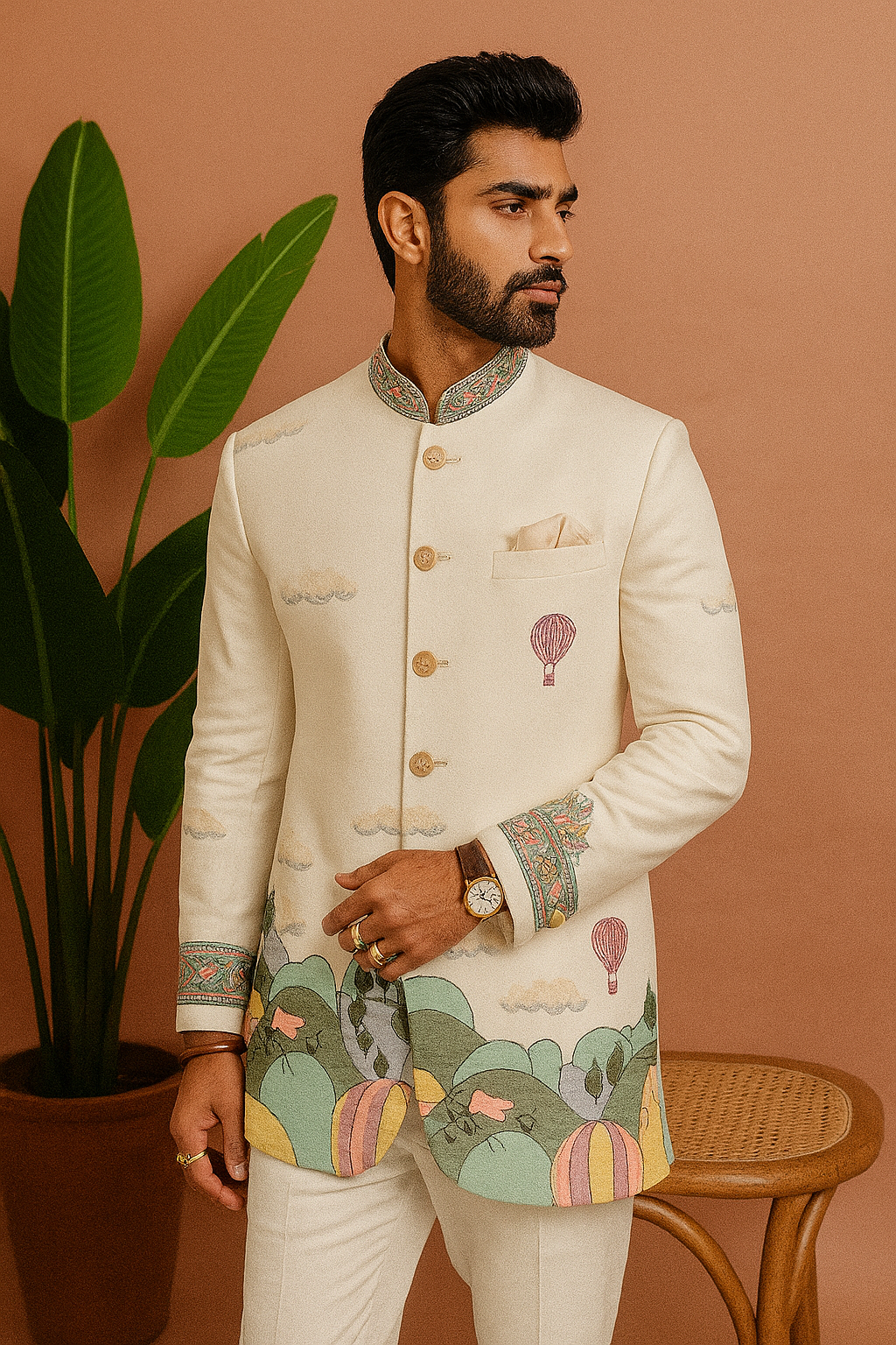A full-length side view of the man in the embellished Jodhpuri set, showing the design of the jacket.