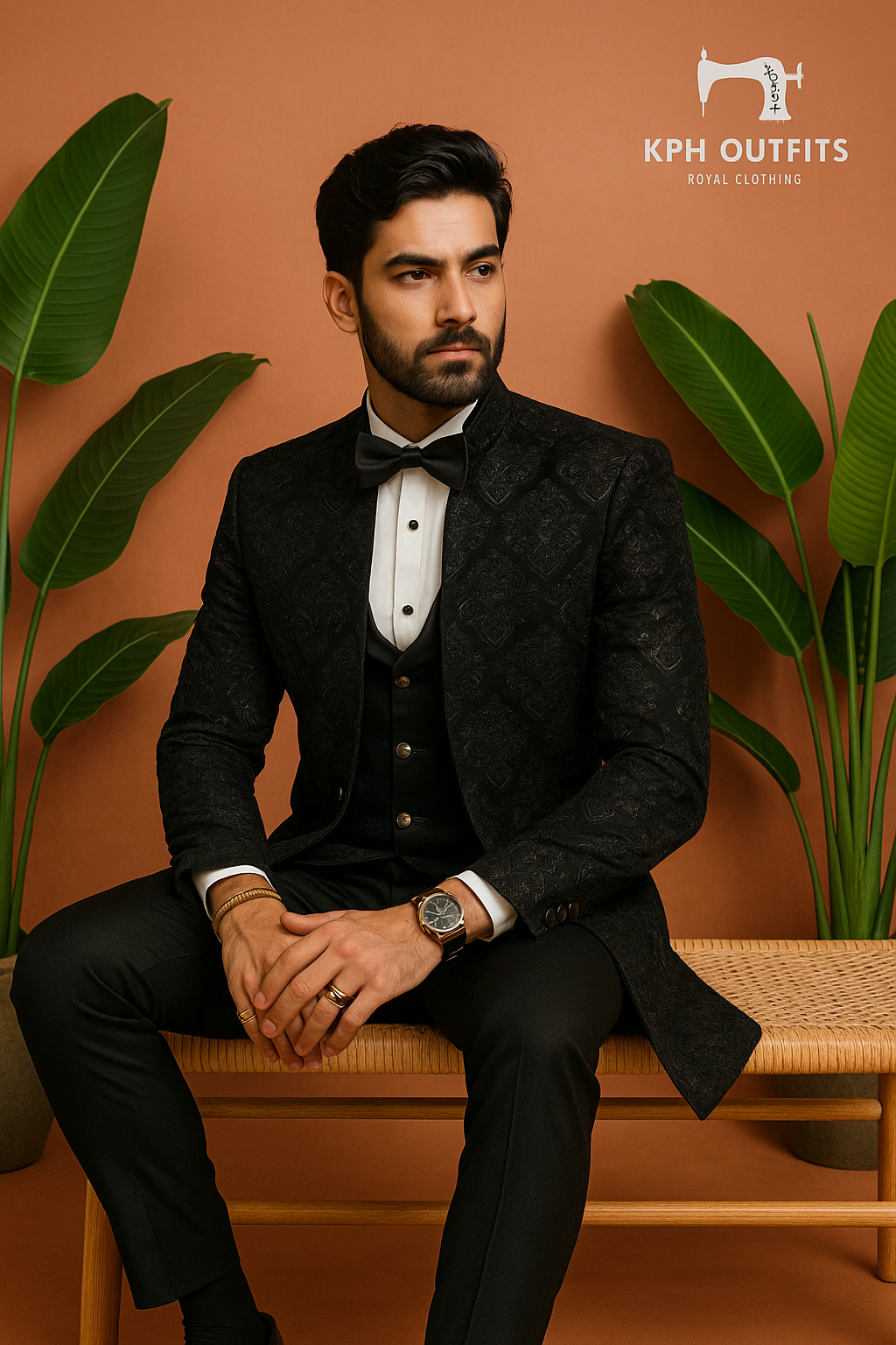 Men’s Black Handcrafted Western Long Jacket Tuxedo Suit - Designer Formal Wear by KPH Outfits