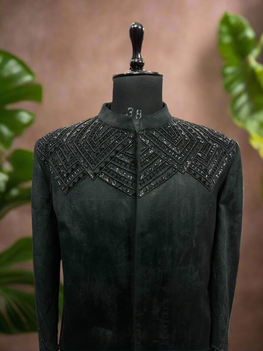 Black Handcrafted Bandhgala Suit with Cut Dana Work
