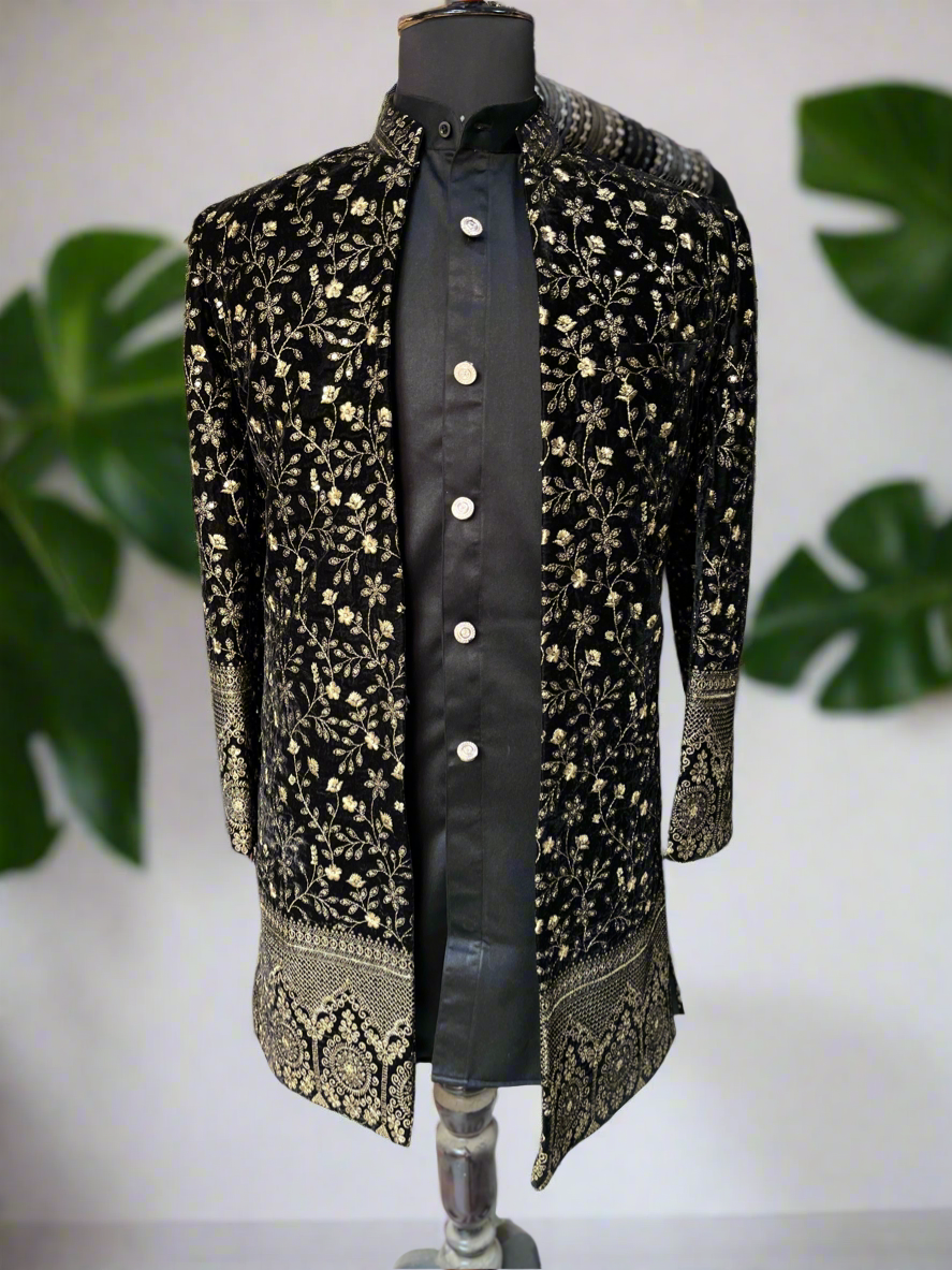 Men's Black Velvet Open Indo Western Set by KPH Outfits – Exquisite Designer Wear for Special Occasions
