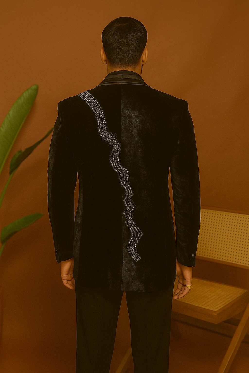 A photograph of a man in a stylish tuxedo, emphasizing the quality of the velvet fabric and the overall craftsmanship.

