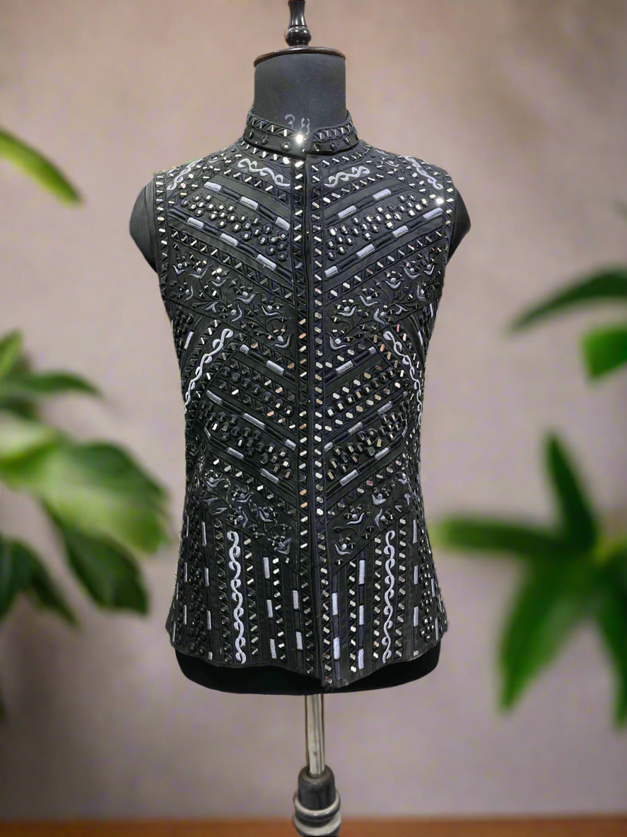 Men's Black Mirror-Embellished Waistcoat by Kph Outfits – Luxurious Ethnic Elegance