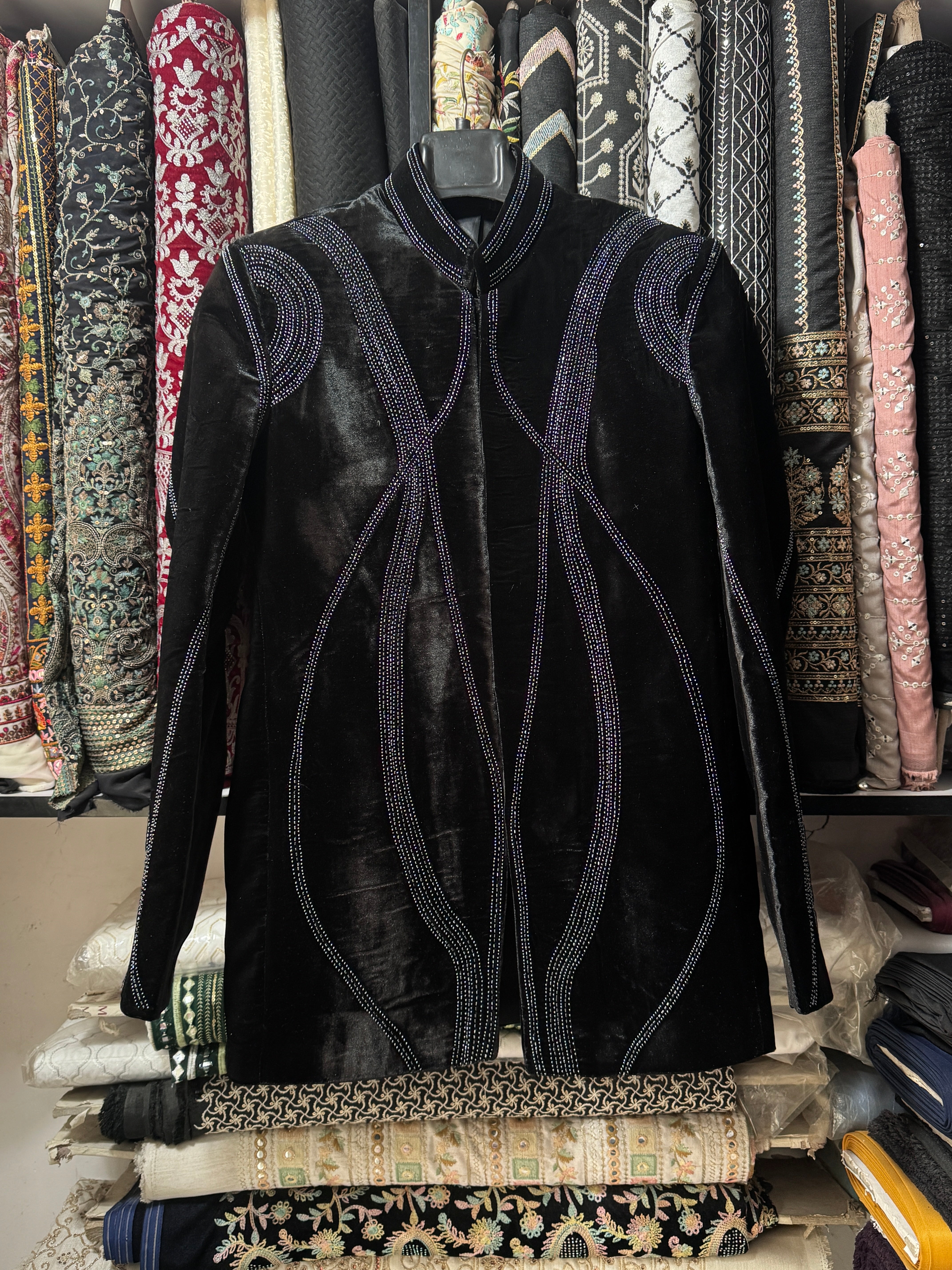 Black velvet handcrafted embellished Jodhpuri jacket – KPH Outfits